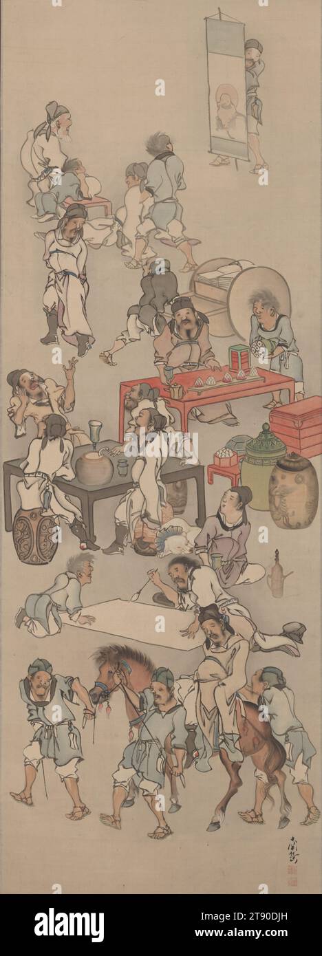 Huit sages ivres, fin 18e - début 19e siècle, Watanabe Nangaku, japonais, 1767 - 1831, 46 1/16 × 16 9/16 po. (117 × 42,07 cm) (image)76 15/16 × 21 3/4 po (195,42 × 55,25 cm) (monture, sans rouleau), encre et couleurs sur soie, Japon, 18e-19e siècle, les huit Immortels se sont adonnés au vin (Chin. Yinzhong Baxiange ; JAP. Inchū hassenka) dépeint un groupe d'érudits de la dynastie Tang connus pour leur amour des boissons alcoolisées. Ils ne sont pas déifiés et ici le terme « immortel » est utilisé comme métaphore. Les poètes du Fu (712-770) et Li Bai (Li po, 701-762) appartiennent au groupe Banque D'Images