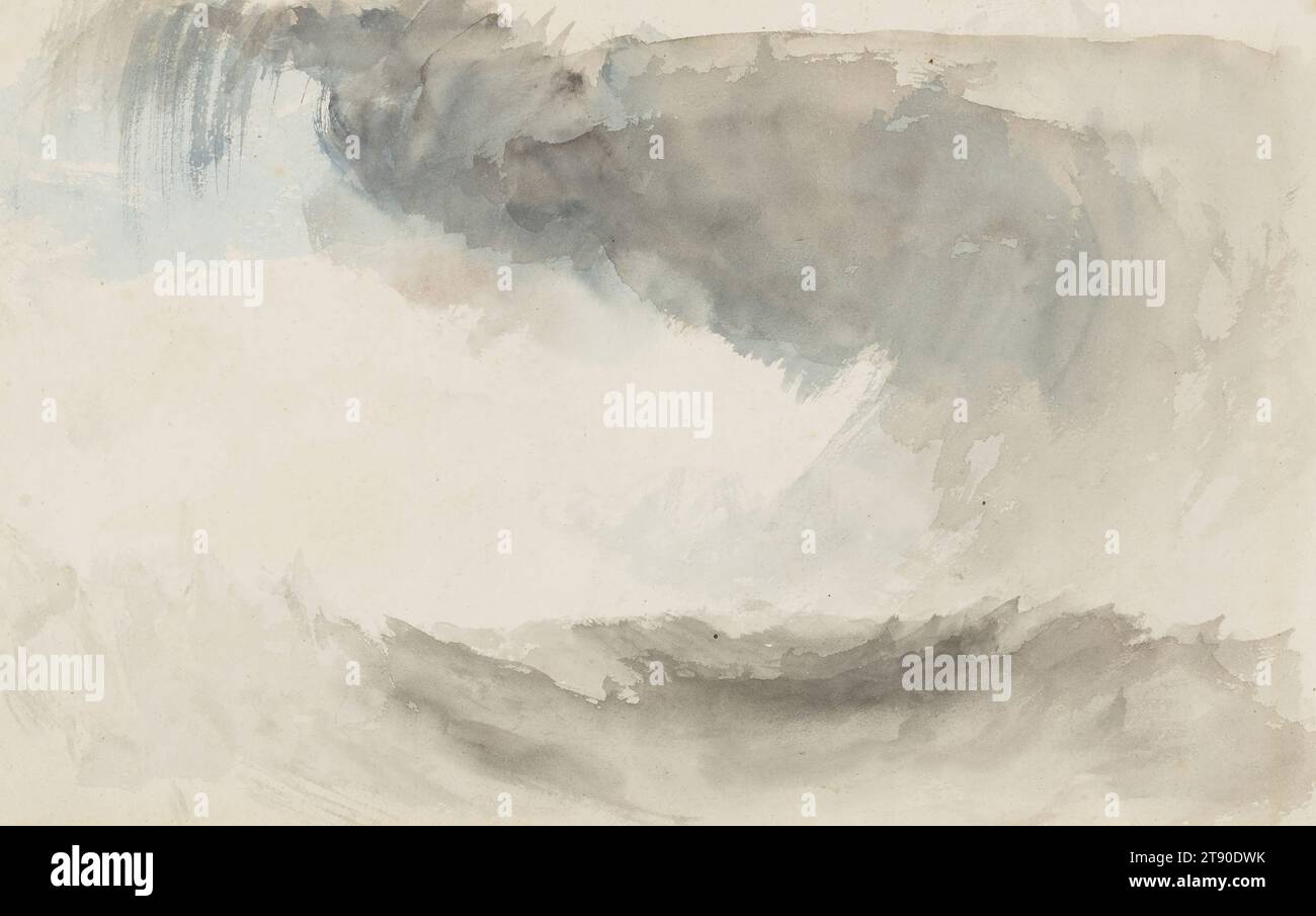A Storm at Sea, v. 1819-1831, Joseph Mallord William Turner R.A., britannique, 1775–1851, 7 3/16 × 11 3/8 po. (18,26 × 28,89 cm) (feuille)18 3/8 × 23 5/8 × 1 1/2 po (46,67 × 60,01 × 3,81 cm) (cadre extérieur), Aquarelle, Angleterre, 19e siècle, la relation extatique de J. M. W. Turner à la nature sublime prend vie alors que les coups habiles de son pinceau capturent les changements d’humeur dans la lumière variable de la scène turbulente. Cette notation personnelle, que Turner appelait un «début de couleur», n'était pas destinée à la diffusion publique et limitait l'abstraction pure. Banque D'Images