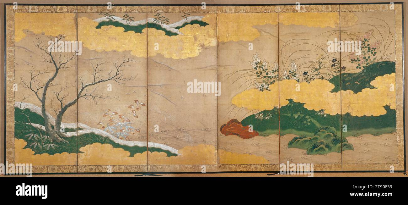 Paysage de montagne en automne et en hiver, 16e siècle, Japonais inconnu, 58 9/16 × 135 5/8 po. (148,75 × 344,49 cm) (image)65 3/4 × 142 3/4 × 3/8 po (167,01 × 362,59 × 0,95 cm) (cadre extérieur), encre, couleur et or sur papier, Japon, 16e siècle, cette œuvre – qui aurait été associée à un écran de droite représentant le printemps et l’été – est représentatif des écrans pliants peints entre 1500 et 1550 représentant des paysages japonais des quatre saisons dans le style yamato-e (« peinture japonaise »), contrairement aux peintures à l'encre de style chinois de paysages non indigènes Banque D'Images