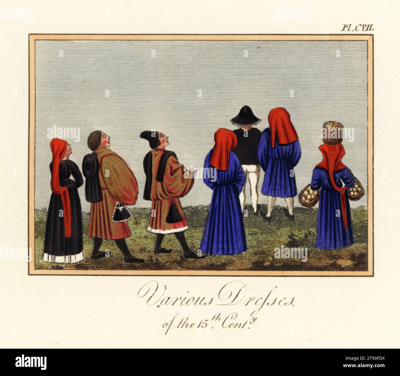 Diverses robes du 15e siècle. Vues arrière des hommes et des femmes en chapeaux, cagoules, robes à manches larges, etc D'après les chroniques de Jean Froissart, Harley MS 4379, f.182v. Gravure coloriée de Joseph Strutt tirée de son ouvrage Complete View of the Dress and habits of the People of England, Henry Bohn, Londres, 1842. Banque D'Images
