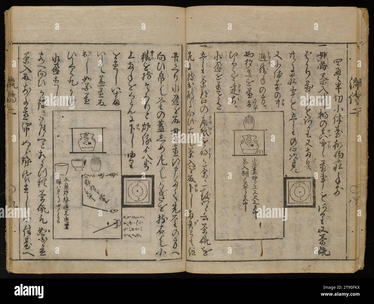 Promulgation de la cérémonie du thé contemporain, vol. 2, 1694, Endō Genkan, japonais, active c. 1656-1702, 8 3/4 × 6 3/8 × 5/16 po. (22,23 × 16,19 × 0,79 cm)8 7/8 × 6 3/4 × 2 1/16 po (22,54 × 17,15 × 5,24 cm) (tous les volumes à l'intérieur du boîtier), Livre imprimé sur bois ; encre et couleur sur papier, Japon, 17e siècle, Guide contemporain de la cérémonie du thé, école Enshū Banque D'Images