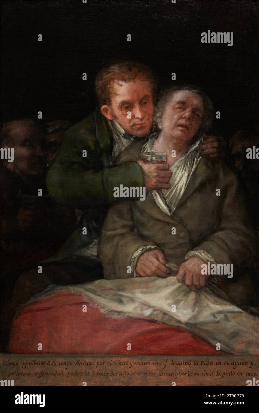 Autoportrait avec Dr. Arrieta, 1820, Francisco José de Goya y Lucientes, espagnol, 1746–1828, 45 1/8 x 30 1/8 po. (114,62 x 76,52 cm) (toile)54 x 39 1/8 x 3 3/4 po (137,16 x 99,38 x 9,53 cm) (cadre extérieur), huile sur toile, Espagne, 19e siècle, en tant que peintre de cour de Charles III et Charles IV d'Espagne, Goya a acquis une renommée considérable en tant que portraitiste. Autoportrait avec le Dr Arrieta, le dernier de ses nombreux autoportraits, a été exécuté tard dans sa vie. En 1819, Goya était tombé gravement malade et son médecin, Eugenio Garc’a Arrieta, l’a soigné à nouveau. Banque D'Images