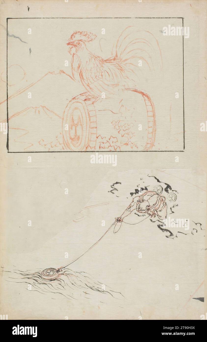 Dieu du tonnerre et de son tambour, 18e-19e siècle, attribué à Katsushika Hokusai, Japonais, 1760 - 1849, encre sur papier, Japon, 18e-19e siècle, de nombreux peintres japonais d'autres écoles ont été inspirés par les images ludiques des artistes O tsu-e. Hokusai a basé ce sketch sur le thème O tsu-e du dieu du tonnerre pêchant frénétiquement pour son tambour de tonnerre qu'il a accidentellement laissé tomber dans la mer Banque D'Images