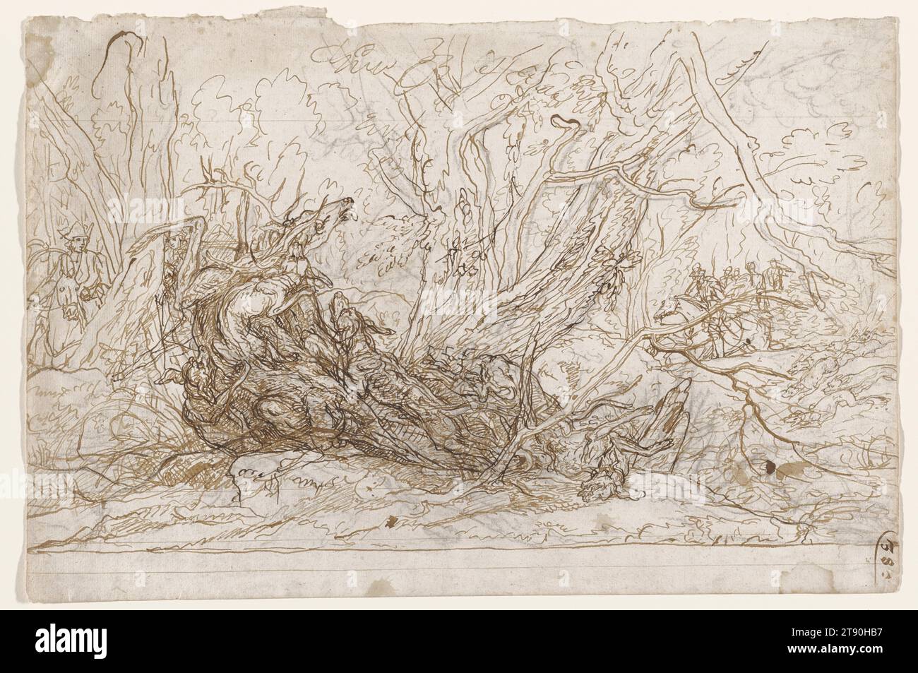 Un cerf attrapé par un paquet de chiens, c. 1755, Johann Elias Ridinger, allemand, 1698-1767, 11 3/8 × 16 15/16 po (28,89 × 43,02 cm) (feuille), stylo et encre noire et brune sur craie noire, sur une feuille de livre de grand livre de papier couché, Allemagne, 18e siècle, ici nous voyons un paquet de chiens de chasse abattant un cerf. En tant que jeune artiste, Johan Elias Ridinger avait passé des années à assister à de tels événements dans des cours aristocratiques. Bien qu'il soit peu probable qu'il ait dessiné cette scène au cours d'une chasse réelle, il a exploité sa profonde expérience de ces moments pour imaginer et recréer l'action de manière vivante. Banque D'Images