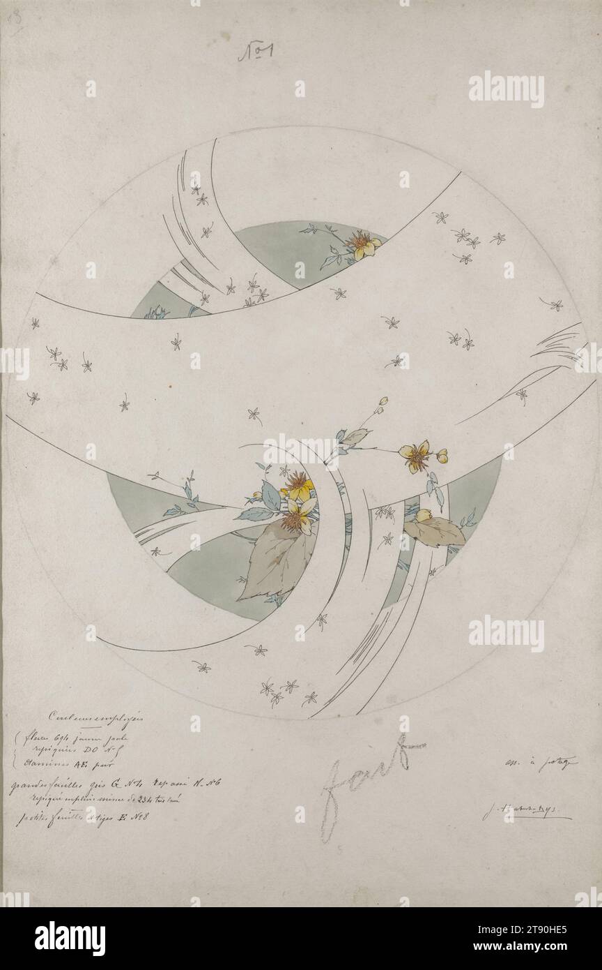 Design for a Soup plate, v. 1889, Jules Auguste Habert-DYS, Français, Fresnes, Loir-et-cher 1850–Paris ? 1930, 18 7/8 × 12 11/16 po (47,94 × 32,23 cm), Aquarelle et plume et encre, France, 19e siècle, en 1889, un énorme dîner attire l’attention des critiques présents à l’exposition de céramiques à l’exposition universelle de Paris. Il comprenait plus de 300 pièces de porcelaine, beaucoup de forme nouvelle et chacune avec un motif unique de décoration florale au milieu de swooshes abstraits vibrants. Cette aquarelle est un design pour la décoration de l'une des nombreuses assiettes. Il est l'œuvre de Jules-Auguste Habert-DYS Banque D'Images