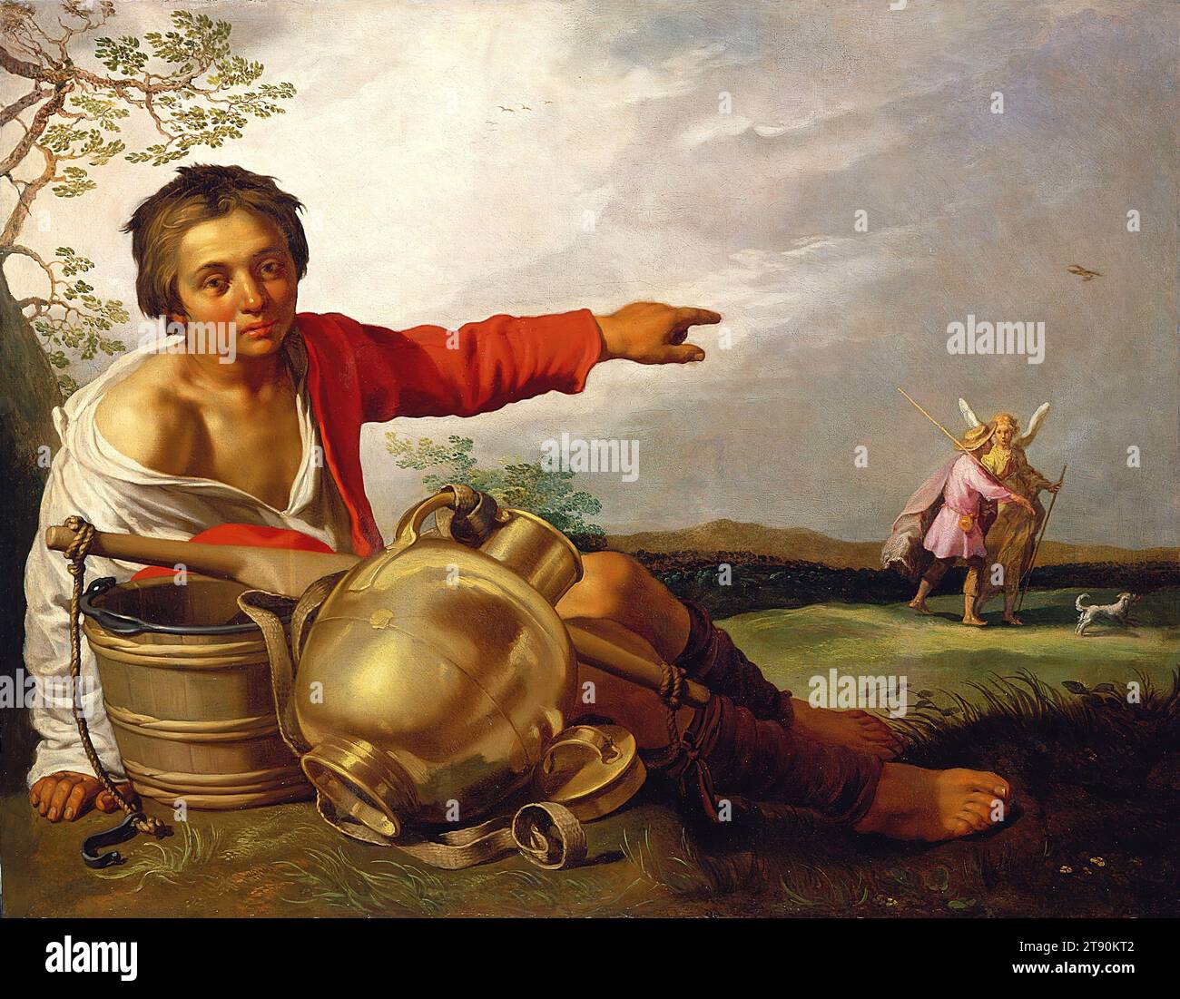 Berger Boy pointant vers Tobias et l'Ange, c. 1625-30, Abraham Bloemaert, néerlandais, 1566-1651, 36 1/4 x 46 3/8 po (92,08 x 117,79 cm) (toile), huile sur toile, pays-Bas, 17e siècle, le berger, se reposer avec son seau, sa canette de lait et son joug, guide notre regard vers les voyageurs au loin. Ce sont Tobias et l'archange Raphaël, dont le récit est raconté dans certaines versions de la Bible chrétienne. Tobias, un jeune juif, a été envoyé par son père aveugle pour récupérer la fortune familiale. L'accompagnaient dans son trek, son chien et un guide, l'archange Raphaël déguisé. Banque D'Images