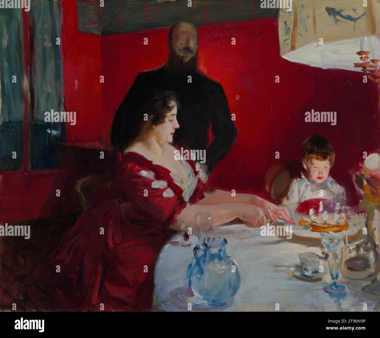The Birthday Party, 1885, John Singer Sargent, américain, (mort en Angleterre), 1856 - 1925, 24 x 29 x 3/4 po (60,96 x 73,66 x 1,91 cm) (toile)23 1/2 x 28 1/2 po (59,69 x 72,39 cm) (vue)32 x 37 x 2 3/4 po (81,28 x 93,98 x 6,99 cm) (cadre extérieur), huile sur toile, États-Unis, 19e siècle, cette œuvre peinte avec véhémence est l’une des nombreuses scènes d’intérieur des années 1880 avec des portraits d’amis de Sargent. Ici, les artistes français Albert Besnard (1849-1934) et Charlotte Dubray Besnard (1855-1931) célèbrent l'anniversaire de leur fils aîné, Robert Banque D'Images