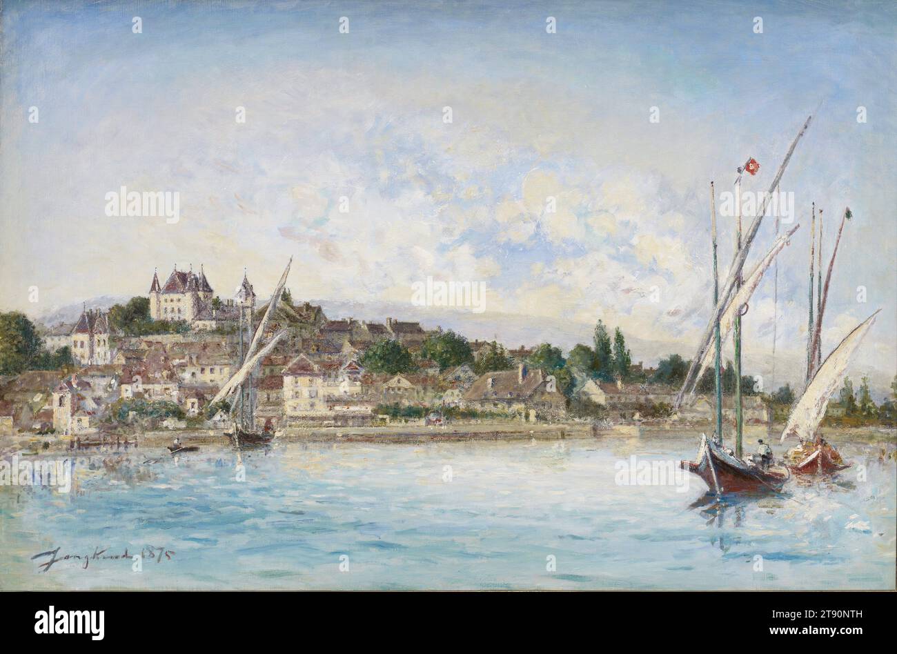 Vue du lac Léman à Nyon, 1875, Johan Barthold Jongkind, Néerlandais, 1819 - 1891, 24 x 34 po (60,96 x 86,36 cm) (toile)29 3/4 x 41 x 4 1/4 po (75,57 x 104,14 x 10,8 cm) (cadre extérieur), huile sur toile, pays-Bas, 19e siècle, né et formé en Hollande, Jongkind est devenu un pionnier de la peinture extérieure en France. L'immédiateté de son pinceau brisé et de ses couleurs vives impressionna le jeune Claude Monet. Après que les deux artistes se sont traînés ensemble le long de la côte normande au début des années 1860, Monet a commenté : «à partir de cette époque, il était mon vrai maître» Banque D'Images