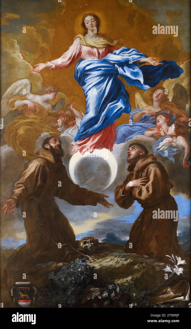 L'Immaculée conception avec les saints François d'Assise et Antoine de Padoue, 1649-50, Giovanni Benedetto Castiglione (il Grechetto), italien, (Gênes), 1609-1664, 144 5/8 x 87 po. (367,35 x 220,98 cm) (toile)144 x 105 3/4 po (365,76 x 268,61 cm) (cadre extérieur), huile sur toile, Italie, 17e siècle, la personnalité difficile et violente de Giovanni Benedetto Castiglione a souvent éclipsé sa capacité artistique et son succès professionnel. Il aurait jeté sa sœur d'un toit, envoyé son frère en prison, et presque assassiné son neveu dans une bagarre. Banque D'Images