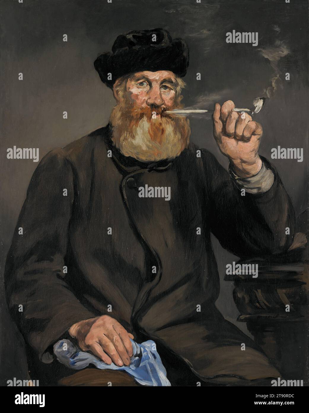 Le fumeur, 1866, Édouard Manet, Français, 1832 - 1883, 39 1/2 x 32 pouces (100,3 x 81,3cm)54 x 46 1/2 x 5 pouces (137,16 x 118,11 x 12,7 cm) (cadre extérieur), huile sur toile, France, 19e siècle, ce personnage ouvrier fut l'un des nombreux Parisiens ordinaires peints par Manet dans les années 1860 Un an avant de faire ce portrait, Manet avait voyagé à Madrid, en Espagne, où il aurait été «enchanté» par les représentations naturalistes de gens ordinaires peintes par Diego Velásquez dans les années 1600 Manet a imité le maître espagnol dans sa propre série de scènes quotidiennes tout en ajoutant une touche moderne : élever les images Banque D'Images