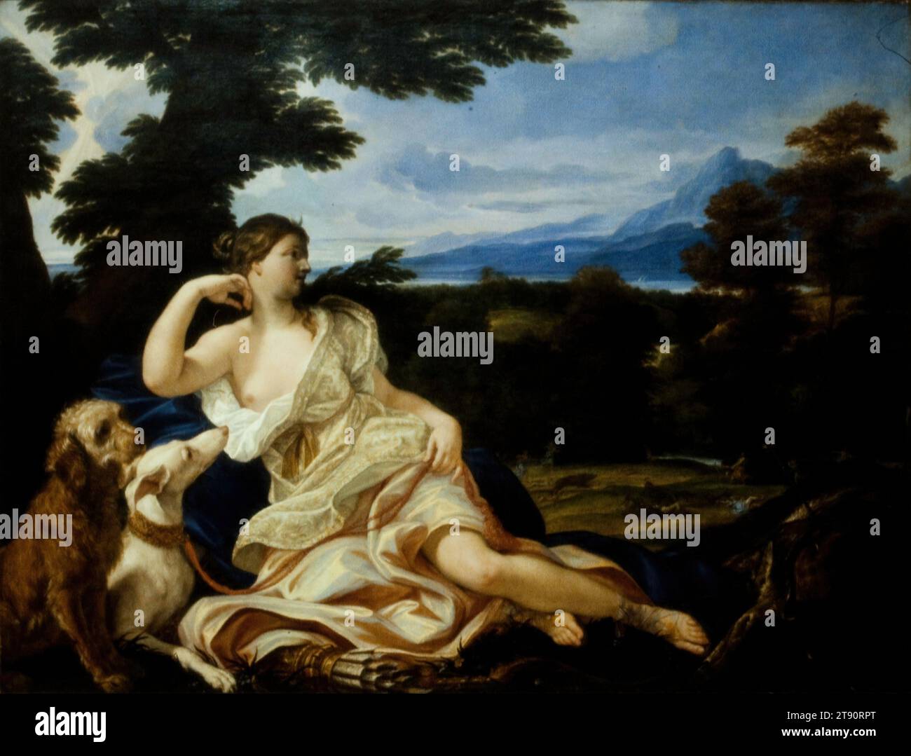 Diana la chasseuse, c. 1690, Giovanni Battista Gaulli (Baciccio), italien, 1639-1709, 62 1/2 x 83 1/4 po. (158,75 x 211,46 cm) (toile), huile sur toile, Italie, 17e-18e siècle, la déesse mythologique de la chasse, Diana, s'incline dans un cadre de forêt avec ses chiens de chasse, Syrius et Phocion, observant une chasse en cours dans le sol du milieu ci-dessous. Diane (ou Artémis, dans la mythologie grecque) était vénérée comme une jeune fille inaccessible, une chasseuse avide, et la patronne des animaux sauvages, des forêts et des collines Banque D'Images