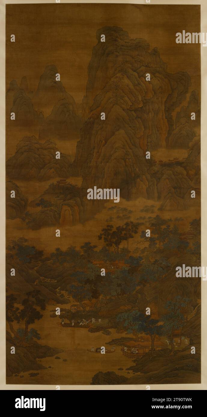 Paysage dans le style de Yan Wengui, c. 1700, c. 1700, Inconnu, 75 7/8 x 39 po. (192,72 x 99,06 cm) (image)112 1/2 x 62 3/4 pouces (285,75 x 159,39 cm) (monture), encre et couleur sur soie, Chine, 17e-18e siècle, ce tableau porte une signature apocryphe de Yan Wengui, peintre paysagiste universitaire très apprécié de la période des cinq dynasties (907-960). Bien que peu d'œuvres authentiques de Yan survivent, sa réputation était largement basée sur les paysages d'encre imposants qui avaient pris de l'importance à son époque Banque D'Images