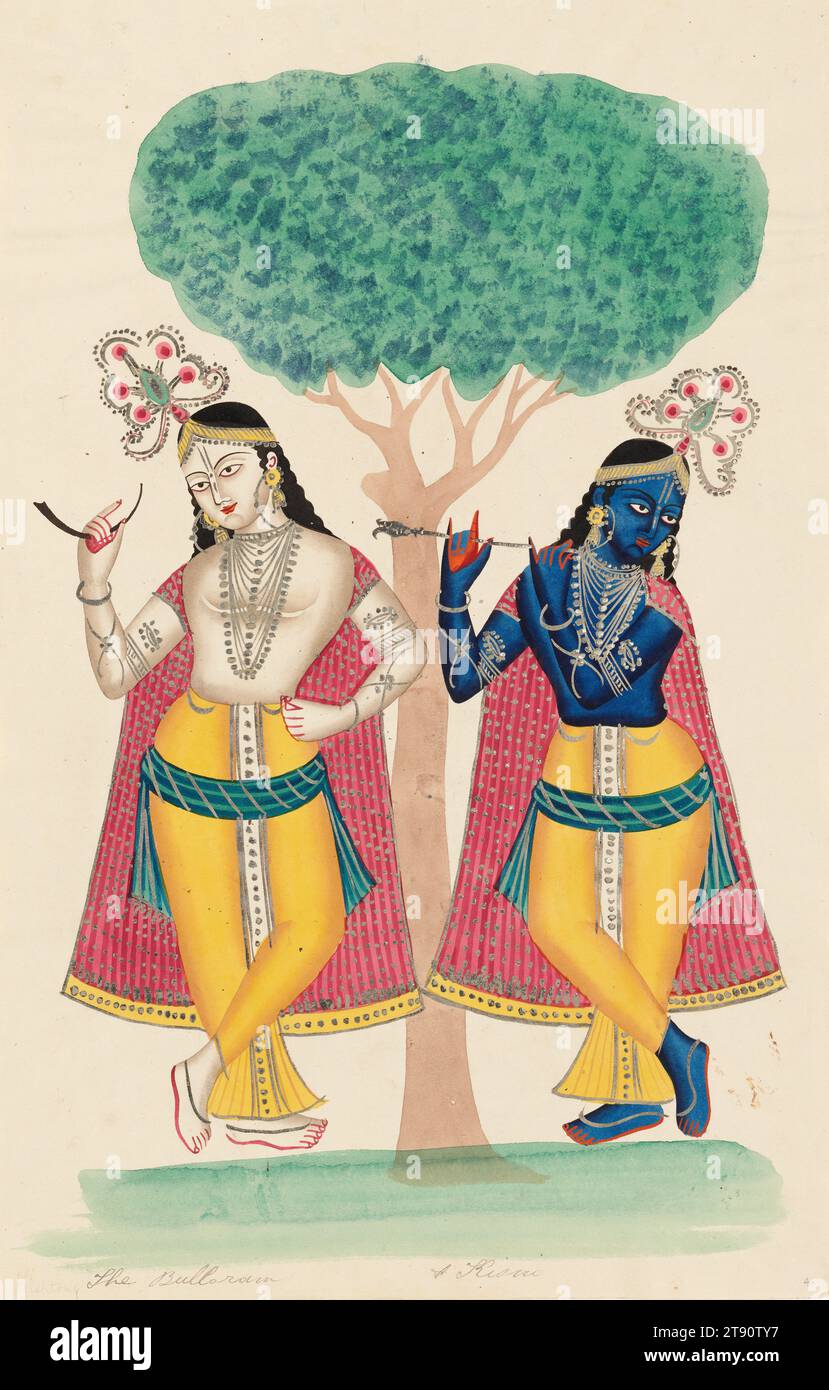 Krishna et Balarama sous un arbre, 19e siècle, 17 11/16 x 11 1/4 po. (44,9 x 28,5 cm), Aquarelle sur papier, Inde, 19e siècle, avatar de Vishu, Krishna à la peau bleue joue de la flûte à côté de son frère Balarama. Le couple se tient sous un arbre et sont presque des images miroir l'un de l'autre Banque D'Images