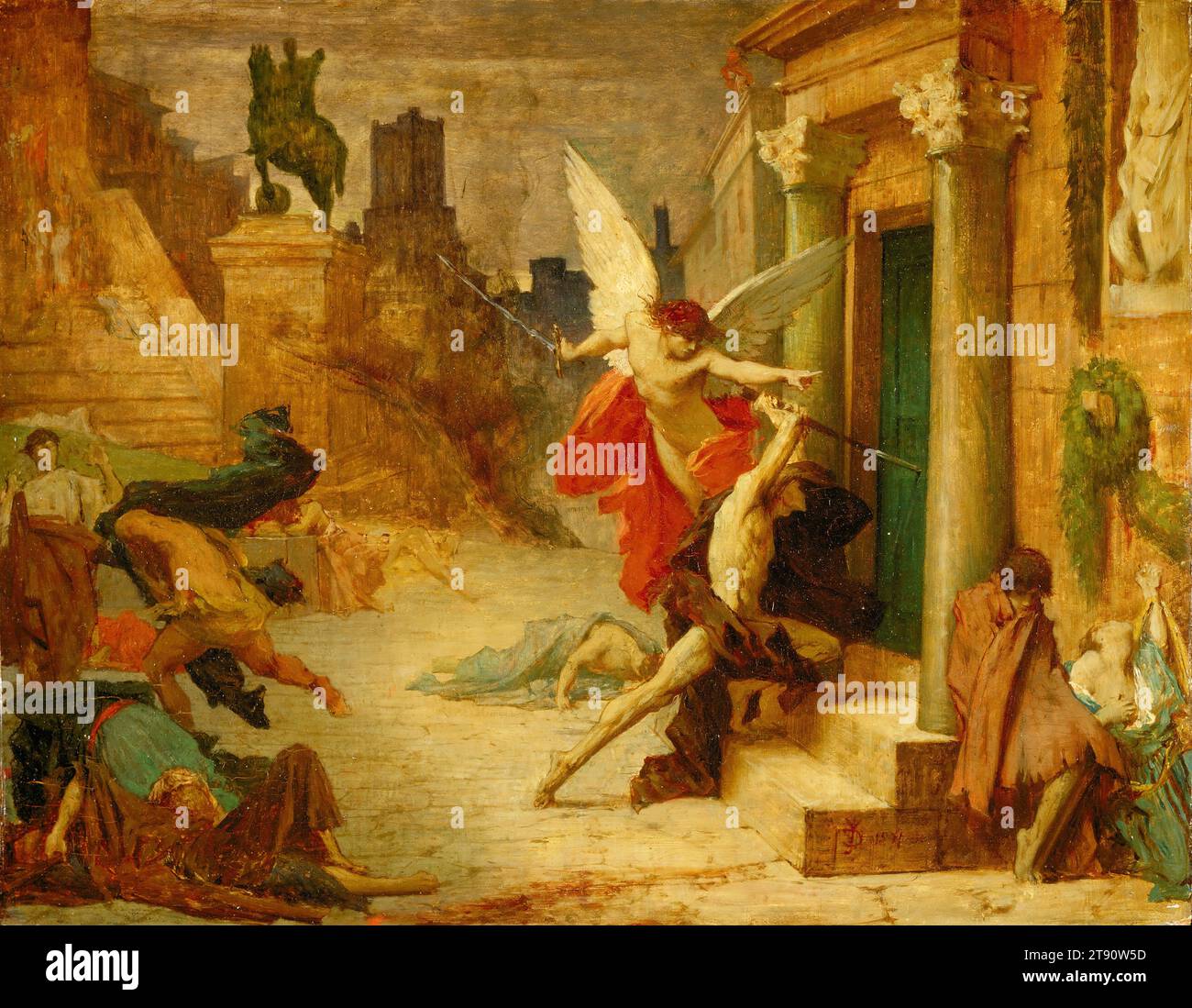 La peste à Rome, 1869, Jules Elie Delaunay, Français, 1828 - 1891, 14 7/16 x 18 1/16 po (36,67 x 45,88 cm) (toile)21 1/4 x 23 3/4 x 2 1/4 po (53,98 x 60,33 x 5,72 cm) (cadre extérieur), huile sur bois, France, 19e siècle, il s'agit probablement d'une étude pour le tableau le plus célèbre de Delaunay, une grande toile qu'il a exposée en 1869, mais qui a eu sa genèse pendant la période d'études de Delaunay à Rome (1856-61). L'artiste s'est inspiré d'un passage de la Légende dorée du 13e siècle de Jacobus de Voragine, qui décrit comment la vengeance divine a apporté un fléau à Rome. Dans le tableau, figures frappées par la peste Banque D'Images