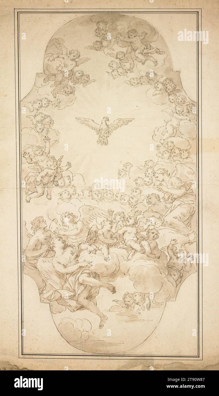 Le Saint-Esprit, années 1680 (?), attribué à Giacinto Brandi, italien, (romain), 1623 - 1691, 19 1/16 x 9 3/4 po. (48,42 x 24,77 cm) (feuille), stylo et encre brune et laver sur des traces de craie noire, Italie, 17e siècle, ce dessin méthodiquement dessiné et détaillé était probablement un dessin contractuel, exécuté par l'artiste comme modello final pour approbation par le patron avant que la peinture sur le projet ne soit commencée. La scène aérée et lumineuse de chérubins flottant autour du Saint-Esprit a probablement décoré le plafond d'une chapelle Banque D'Images