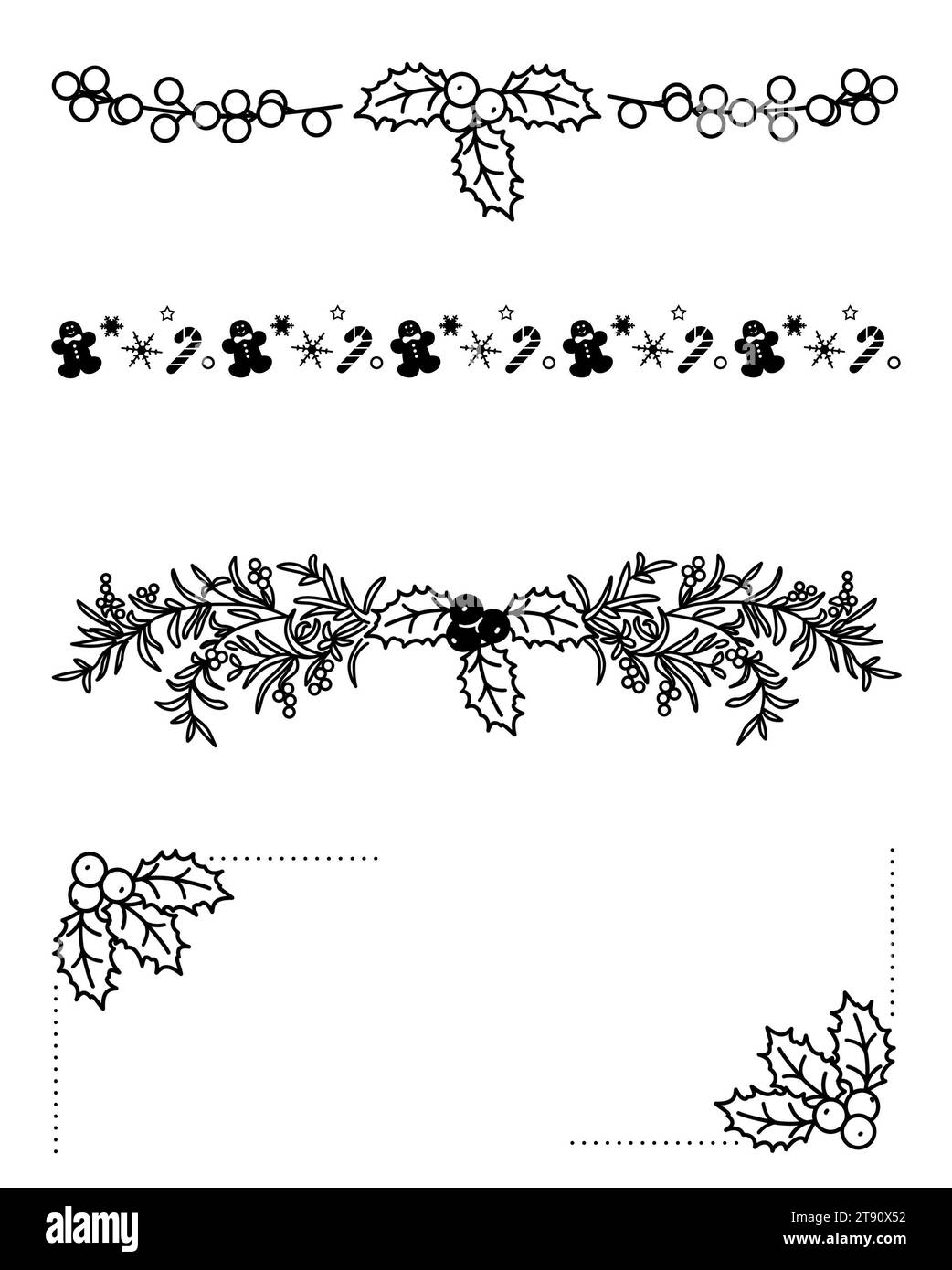 Motifs de Noël noir et cadre sur fond blanc, illustration Banque D'Images