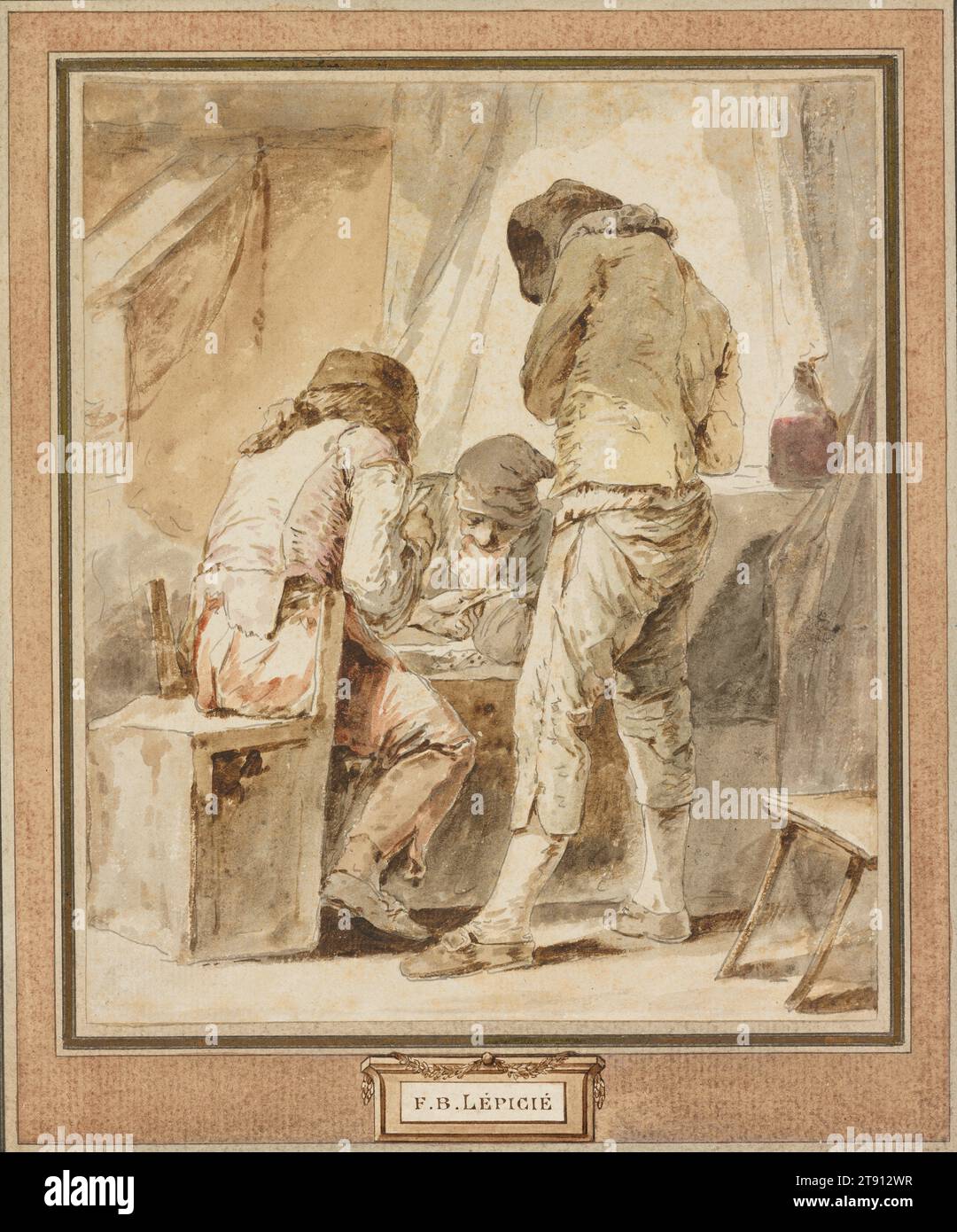 Un déménagement difficile, c. 1770-1784, Nicolas-Bernard Lépicié, français, 1735 - 1784, 8 5/8 x 7 3/4 po (21,91 x 19,69 cm) (image)12 3/4 x 10 7/8 pouces (32,39 x 27,62 cm) (montage, intégré)20 × 16 1/4 × 1 3/4 pouces (50,8 × 41,28 × 4,45 cm) (cadre extérieur), stylo et encre noire, lavis gris et brun, aquarelle, France, 18e siècle, Lépicié établit sa réputation de peintre d’histoire – la catégorie la plus prestigieuse de l’Académie Royale – mais excelle aussi dans d’autres matières. Ses scènes de la vie quotidienne ont été admirées à son époque et sont maintenant ses œuvres les plus célèbres Banque D'Images