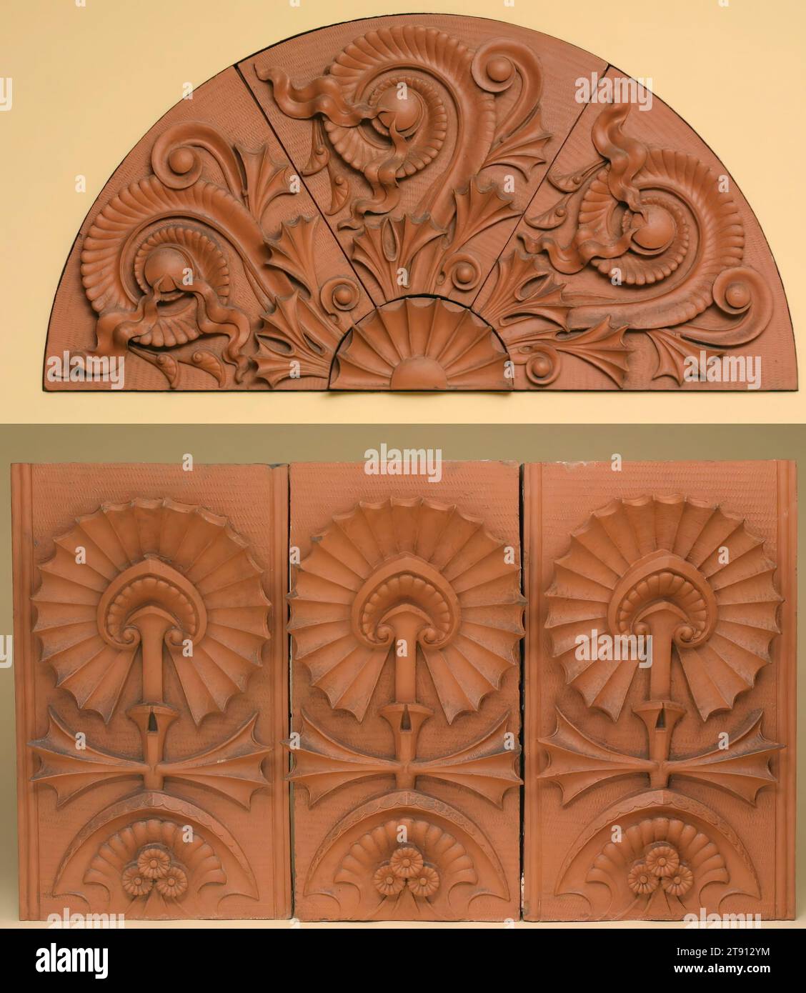 Lunette, 1884-1885, Louis Henri Sullivan ; fabricant : Northwestern Terra Cotta Works (alias Norweta), américain, 1856-1924, Terracotta, États-Unis, style Chicago, Louis Sullivan a conçu ces panneaux en terre cuite pour l'extérieur du Scoville Building à Chicago, l'une des premières commandes de la firme Adler and Sullivan. Il leur a fallu remodeler une structure Adler existante pour l'adapter à un nouvel ajout beaucoup plus important. Les pièces en terre cuite montrées ici faisaient partie de la décoration organique des plantes stylisées avec lesquelles Sullivan a attaché les deux bâtiments ensemble. Cette lunette ornait la voûte plantaire Banque D'Images