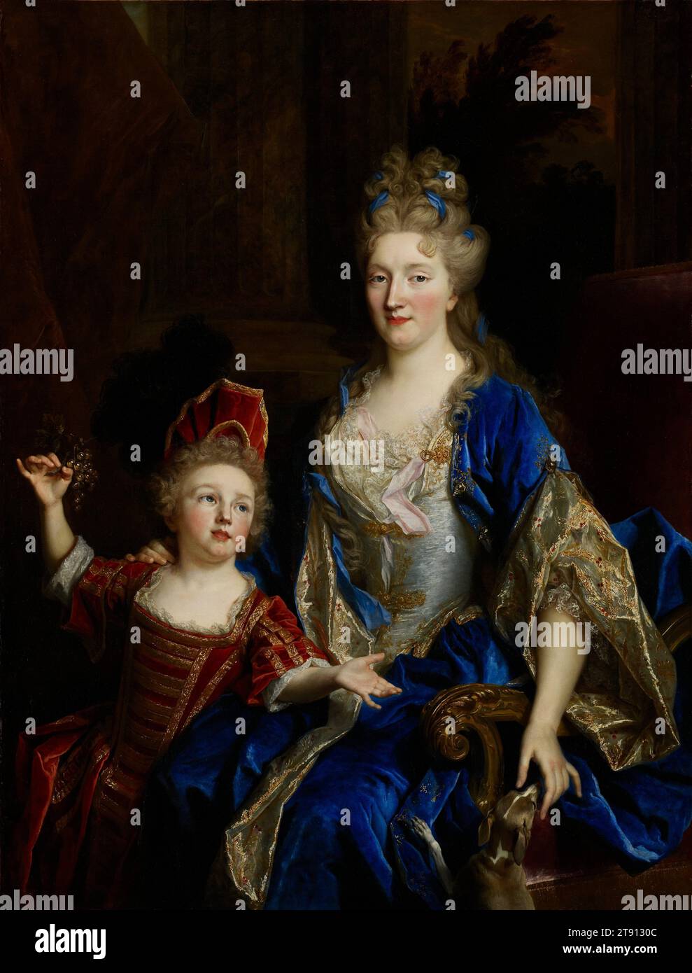 Portrait de Catherine Coustard, marquise de Castelnau, épouse de Charles-Léonor Aubry avec son fils Léonor, c. 1700, Nicolas de Largillière, français, 1656 - 1746, 53 1/4 x 40 3/4 po (135,26 x 103,51 cm) (vue)70 1/2 x 58 x 5 po (179,07 x 147,32 x 12,7 cm) (cadre extérieur), huile sur toile, France, 17e-18e siècle, Catherine Coustard (1673-1728), issu d'une famille de marchands de tissu aisés à Paris, marié dans la famille Aubry de riches fonctionnaires de la classe moyenne et hommes d'État de Tours. Assise, souriante, avec son fils penché sur ses genoux, elle est l’image du contentement. Banque D'Images