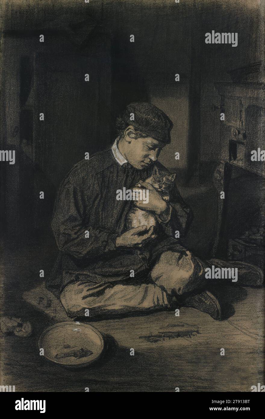 Garçon assis tenant un chat (recto) ; étude de chatons et d'une assiette de lait (verso), c. 1874-1880, François Bonvin, français, Paris 1817–Saint-Germain-en-Laye 1887, 17 7/8 x 12 1/8 po (45,4 x 30,8 cm), craie noire rehaussée de craie blanche sur papier laqué blanc cassé, France, 19e siècle Banque D'Images