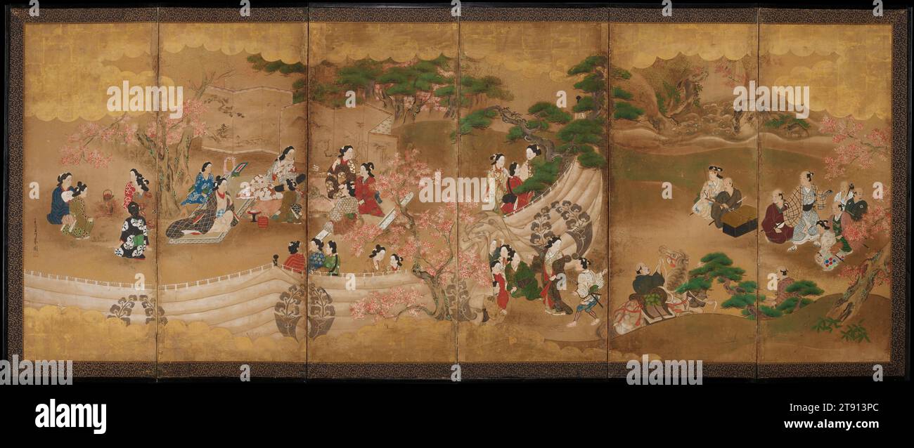 Fête d'observation de l'érable, première moitié du 18e siècle, Miyagawa Chōshun, japonais, 1682 - 1752, 43 3/4 x 113 po. (111,13 x 287,02 cm) (image)49 x 118 pouces (124,46 x 299,72 cm), écran pliant à six panneaux ; encre et couleur sur feuille d'or sur papier, Japon, Nikuhitsu ukiyo-e, cet écran coloré illustre un passe-temps saisonnier japonais préféré, regardant des feuilles d'érable cramoisi en automne. Dans une enceinte couverte de rideaux, deux femmes luxueusement vêtues, entourées de leurs accompagnateurs, profitent de la musique et de rafraîchissements disposés sur une élégante laque noire et rouge servant des plats. À l'extrême gauche, un groupe de femmes chauffe du riz Banque D'Images