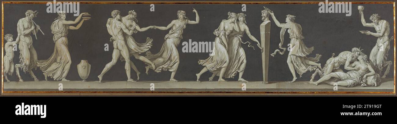 Frise dionysienne, c. 1787-1790, Jean-Guillaume Moitte, français, 1746 - 1810, 7 3/8 x 32 1/4 po (18,73 x 81,92 cm) (feuille)16 7/8 x 41 1/2 x 1 7/8 po (42,86 x 105,41 x 4,76 cm) (cadre extérieur), Graphite, stylo et pinceau à l'encre noire, vert et gris, et gouache blanche, sur deux feuilles jointes, France, 18e siècle, le sculpteur français Jean-Guillaume Moitte a passé deux ans à Rome, et ce long dessin en relief reflète son étude de l'art romain antique Dans le format et le sujet, il rappelle une célèbre peinture murale romaine, le mariage Aldobrandini, datant de l'époque de l'empereur Auguste Banque D'Images