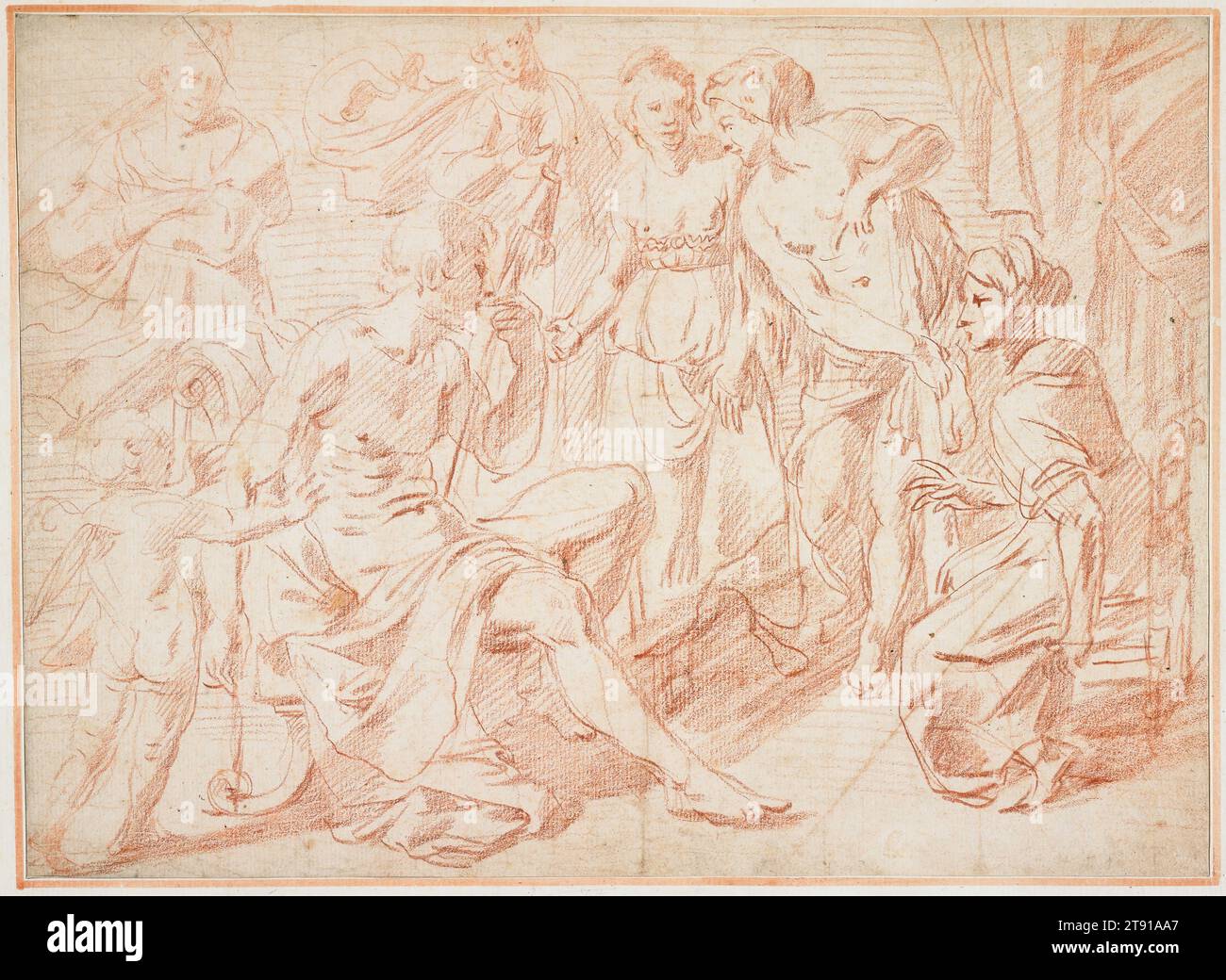 Hercule et Omphale, 17e siècle, attribué à Gerrit van Honthorst ; artiste : d'après Alessandro Turchi (appelé Orbetto), néerlandais, 1592–1656, 10 3/4 x 14 13/16 po. (27,31 x 37,62 cm) (feuille)11 3/4 x 15 7/8 po (29,85 x 40,32 cm) (vue)19 3/4 x 23 11/16 po (50,17 x 60,17 cm) (cadre extérieur), craie rouge et blanche sur papier couché, pays-Bas, 17e siècle Banque D'Images