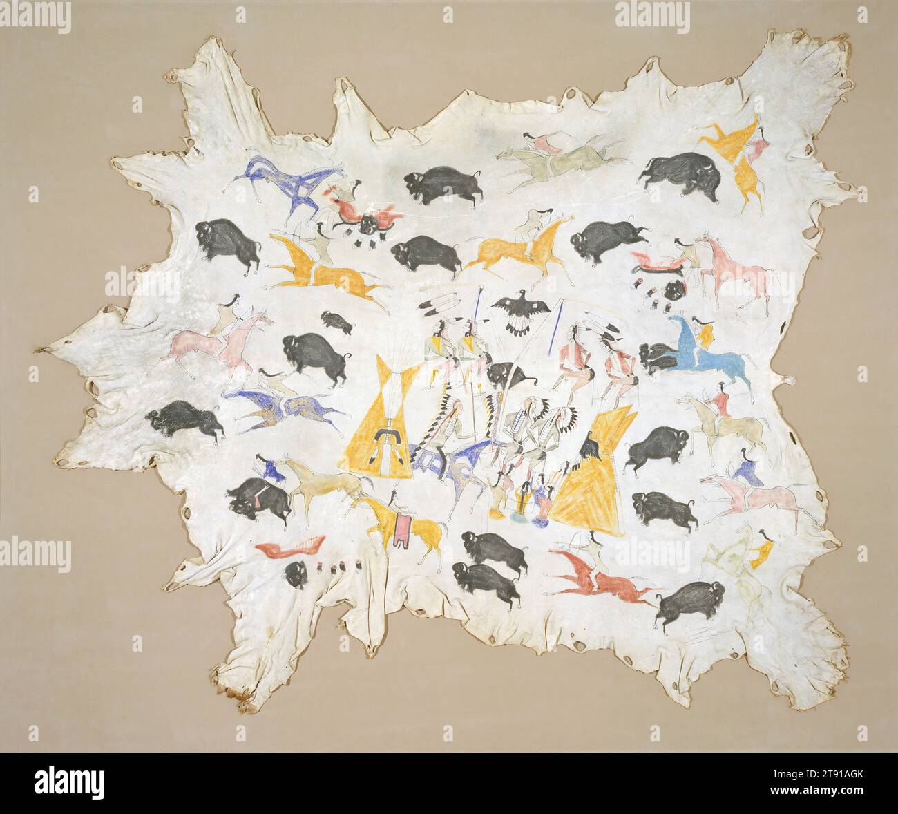 Scènes de la vie indienne des plaines, c. 1880, Cadzi Cody, Wind River Shoshone, 1866-1912, 68 x 79 po (172,7 x 200,7 cm), Elkhide, pigments, États-Unis, 19e siècle, la peinture à la peau a été un support pour enregistrer des histoires et des événements par les hommes des Plaines pendant des siècles. Comme ses contemporains, Cadzi Cody a enregistré des événements dont il se souvenait avant d'être confiné dans la réserve : la danse du soleil, une danse de l'herbe et une chasse au bison Banque D'Images Scènes de la vie indienne des plaines, c. 1880, Cadzi Cody, Wind River Shoshone, 1866-1912, 68 x 79 po (172,7 x 200,7 cm), Elkhide, pigments, États-Unis, 19e siècle, la peinture à la peau a été un support pour enregistrer des histoires et des événements par les hommes des Plaines pendant des siècles. Comme ses contemporains, Cadzi Cody a enregistré des événements dont il se souvenait avant d'être confiné dans la réserve : la danse du soleil, une danse de l'herbe et une chasse au bison Banque D'Images