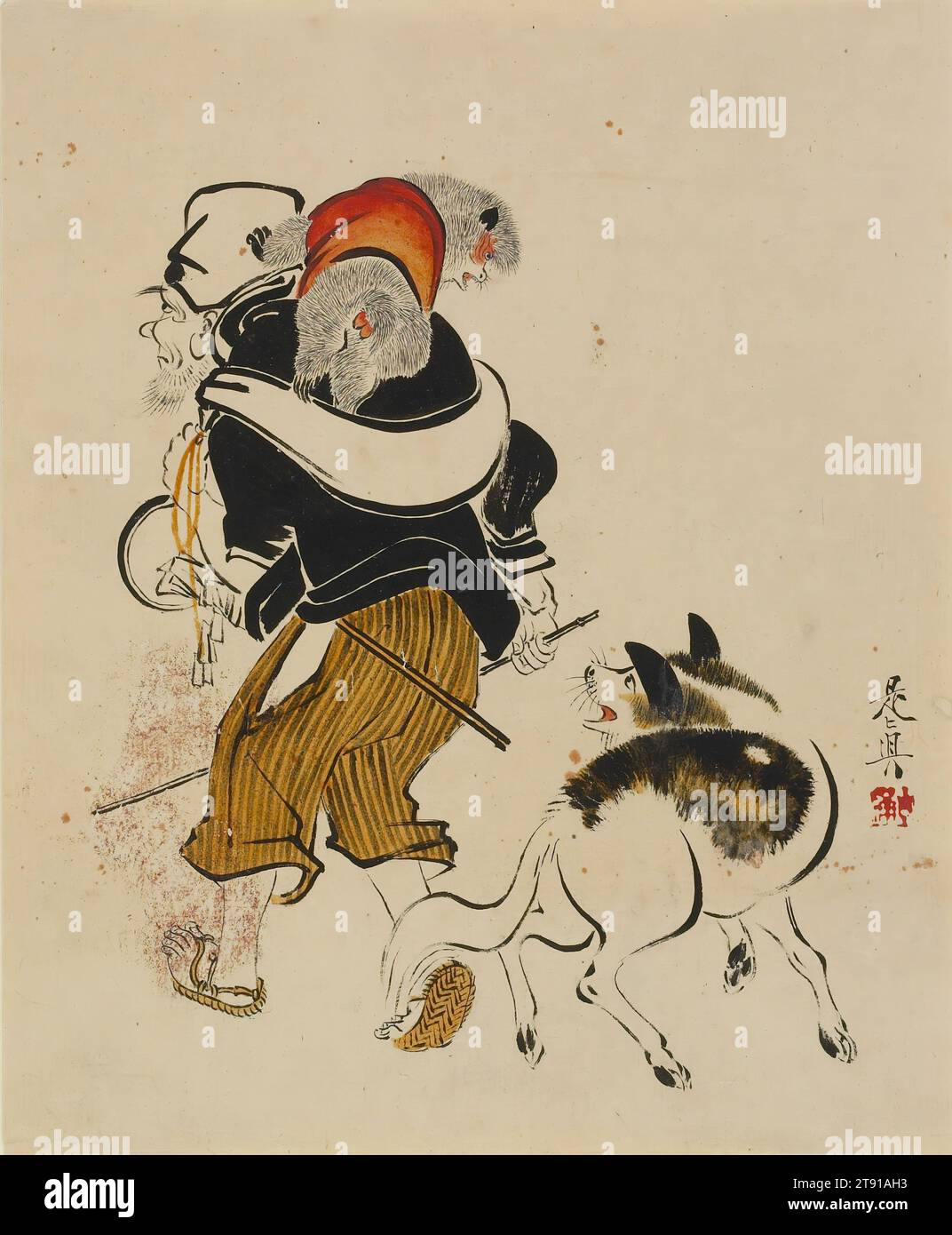 Chien aboyant chez un dresseur de singes, du milieu à la fin du 19e siècle, Shibata Zeshin, japonais, 1807 - 1891, 7 1/2 x 6 1/4 po. (19 x 15,8 cm) (image, feuille)17 15/16 x 14 pouces (45,5 x 35,5 cm) (mat), encre et couleur sur papier avec laque (urushi-e), Japon, 19e siècle, Shibata Zeshin était largement considéré pour sa maîtrise de la peinture avec laque sur soie et papier, une technique unique et difficile qui donnait un éclat attrayant à ses images. Ici, un chien aboie sur un singe assis sur l'épaule de son entraîneur. Garder les singes comme animaux de compagnie, et les former pour divertir les gens, était autrefois populaire au Japon Banque D'Images