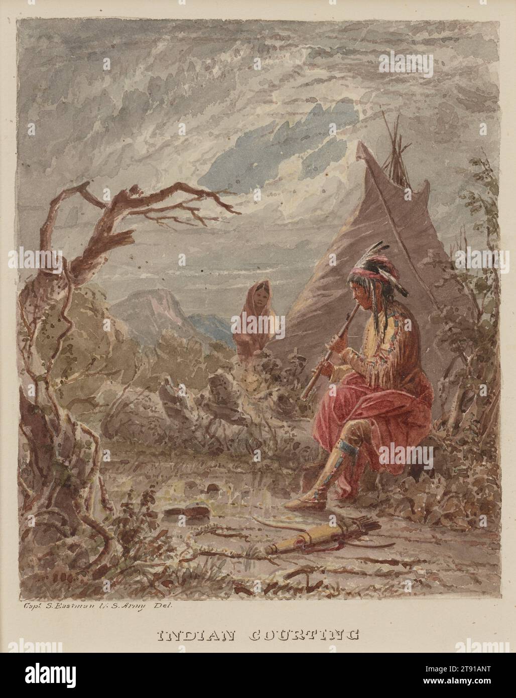 Indian Courting, 1849-1855, Seth Eastman, américain, 1808-1875, 6 1/4 × 5 1/8 po (15,88 × 13,02 cm) (image)12 15/16 × 9 3/4 po (32,86 × 24,77 cm) (feuille), Aquarelle, États-Unis, 19e siècle, le capitaine de l’armée américaine Seth Eastman était un artiste de formation qui a servi deux fois à la frontière au fort Snelling du Minnesota, de 1830 à 1832 et de nouveau de 1841 à 1848. Ses nombreuses rencontres personnelles et pacifiques avec les Amérindiens lui ont donné des occasions extraordinaires d'observer leurs coutumes et pratiques, qu'il a documentées dans son art. Banque D'Images