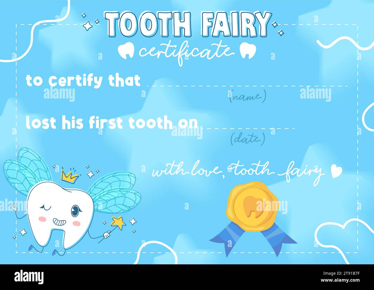 Certificat de fée mignon Tooth. Dent pétillante avec des ailes, couronne et baguette magique sur fond bleu avec des étoiles, et tampon de cire. Peut être utilisé pour les sapins enfants Illustration de Vecteur