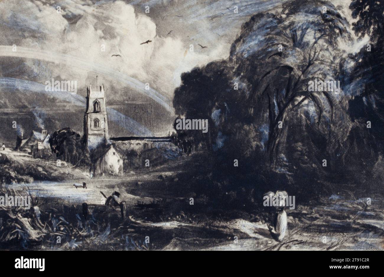 Stoke-by-Nayland, Suffolk, 1829-1830, John Constable ; artiste : David Lucas, britannique, 1776–1837, 5 5/8 x 8 5/8 po (14,29 x 21,91 cm) (plaque) 5 5/8 x 8 5/8 po (14,29 x 21,91 cm) (feuille), Mezzotint avec ajouts à l'encre noire, crayon et rehaussement blanc, Angleterre, 19e siècle Banque D'Images