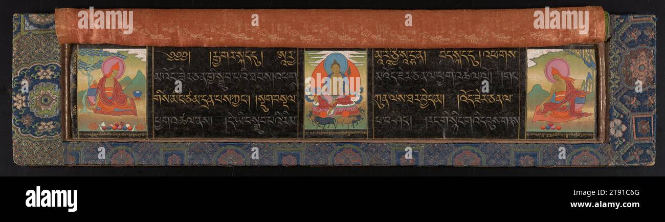 Page de titre d'un manuscrit bouddhiste, fin du 18e siècle, 6 x 25 1/4 x 1/2 po. (15,24 x 64,14 x 1,27 cm), encre, couleur et or sur papier, couverture de livre, Tibet, 18e siècle, la traduction des sutras, ou enseignements bouddhistes, et les rituels monastiques du sanskrit original au tibétain était une tâche vaste et intimidante. Néanmoins, en un temps relativement court, les érudits tibétains ont créé un corpus de littérature sacrée comparable à tout ce qui existe en Asie. Ces feuilles décoratives sont des pages de titre, généralement encadrées et voilées de soie. De nombreuses écritures tibétaines ont été écrites sur du papier spécialement traité et apprêté Banque D'Images
