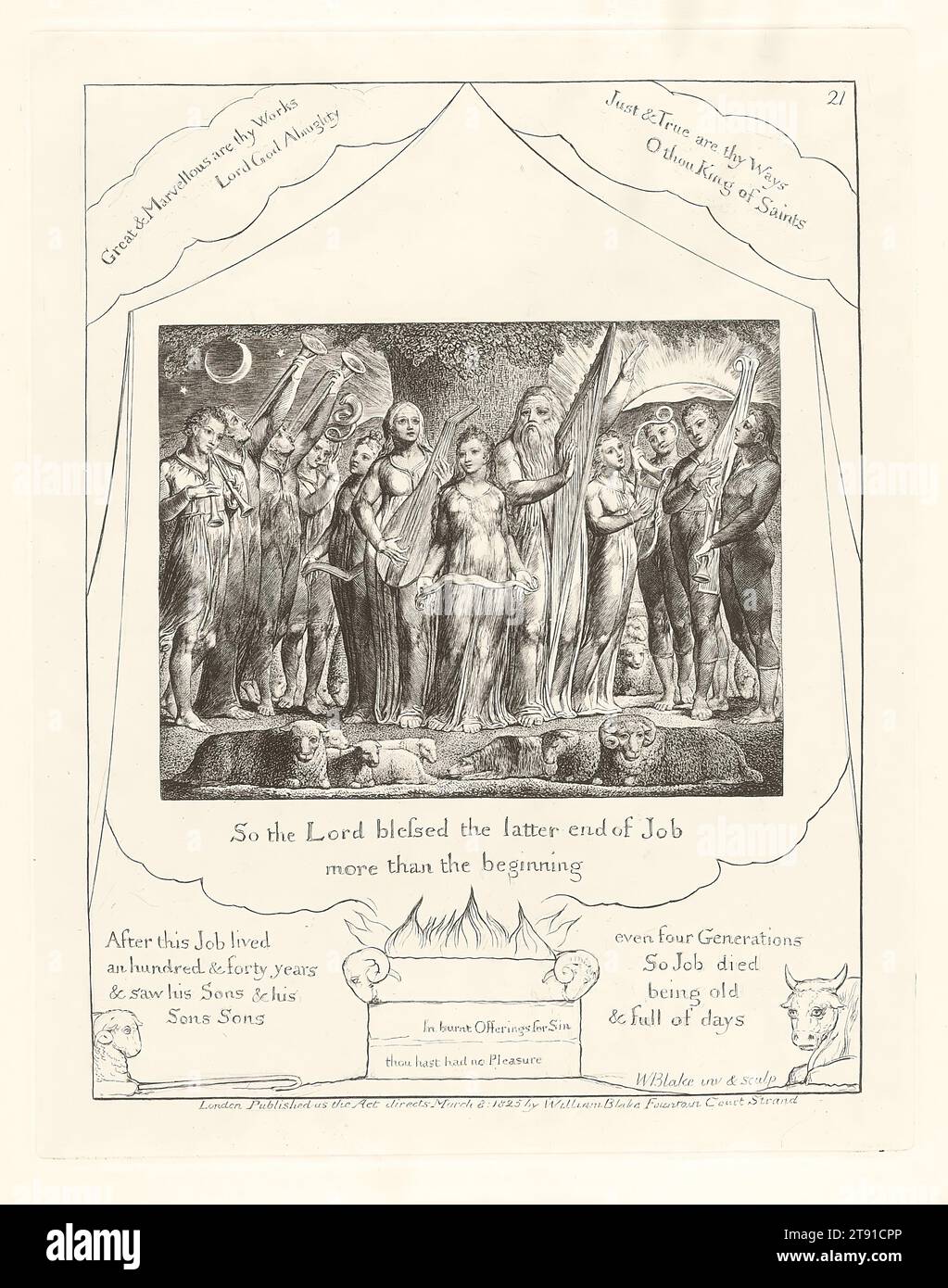 Ainsi, le Seigneur bénit la dernière fin de Job plus que le début, 1825, William Blake, britannique, 1757-1827, 8 1/2 x 6 5/8 po (21,59 x 16,83 cm) (feuille), gravure, Angleterre, 19e siècle, dans le dernier segment de la saga Job, la longue nuit est terminée et le soleil se lève. À l'ouest se trouve la lune, fréquentée par deux étoiles, dont l'une est l'étoile mobile Lucifer. La virilité de Job, purgée de toute erreur, est maintenant complète, et sa richesse est doublée (Job xliii : 10). Toute la famille est réunie en harmonie ; les fils et les filles sont restaurés. Ils ne s'agenouillent plus et ne sont plus silencieux. Banque D'Images