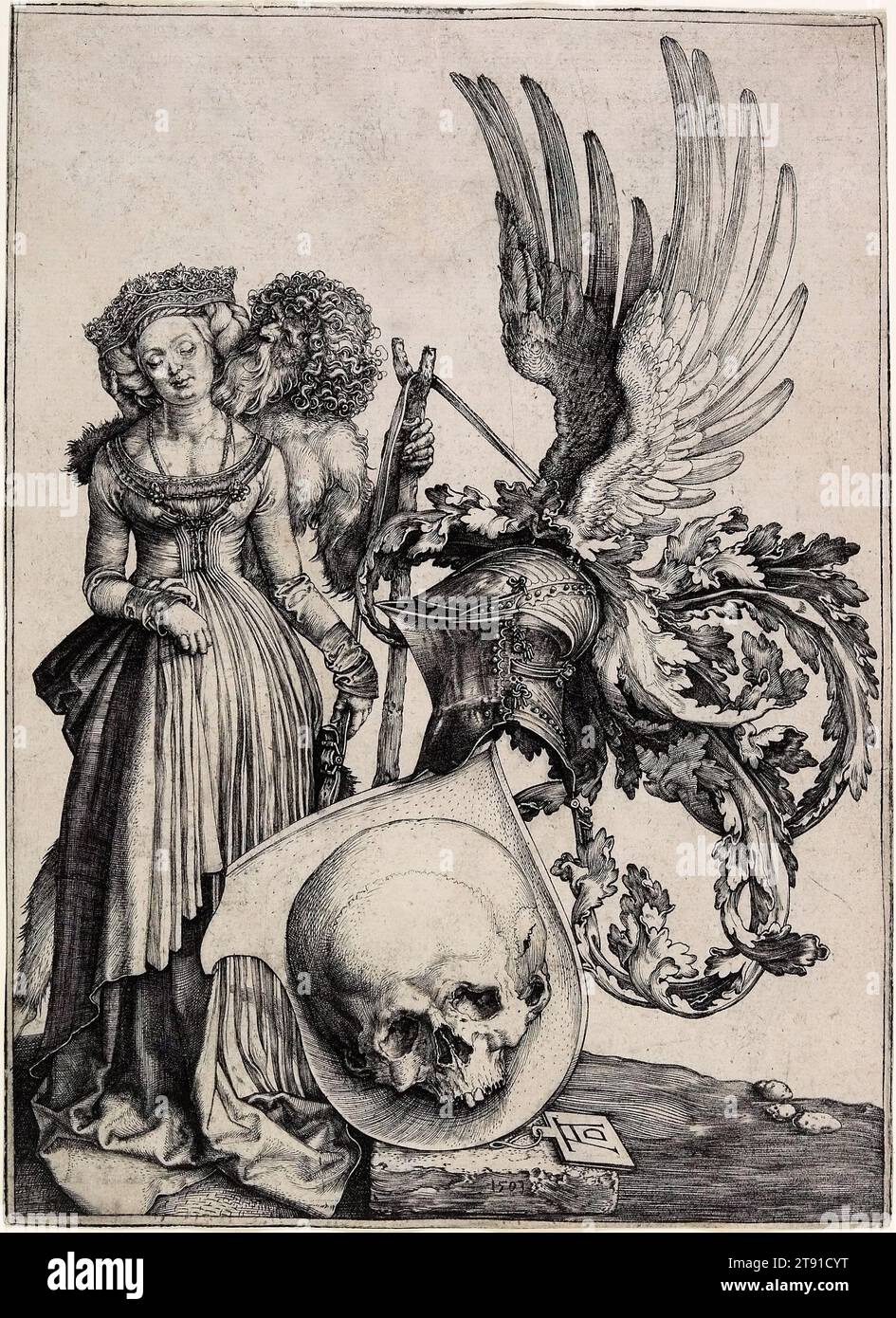 Armoiries avec un crâne, c. 1503, Albrecht Dürer, allemand, 1471-1528, 8 3/4 x 6 1/4 po (22,23 x 15,88 cm) (image), gravure, Allemagne, 15e-16e siècle, la femme est habillée comme épouse aisée dans la tenue traditionnelle de Nuremberg, ville natale d'Albrecht Dürer. Au Moyen âge, l'homme vêtu de costumes à fourrure était parfois en cavalerie lors des fêtes de mariage, car comme les hommes sauvages, ils célébraient les joies du côté charnel du mariage. Ici, la mariée ne semble pas mécontente des mots tendres chuchotés par son prétendant hirsute. Banque D'Images