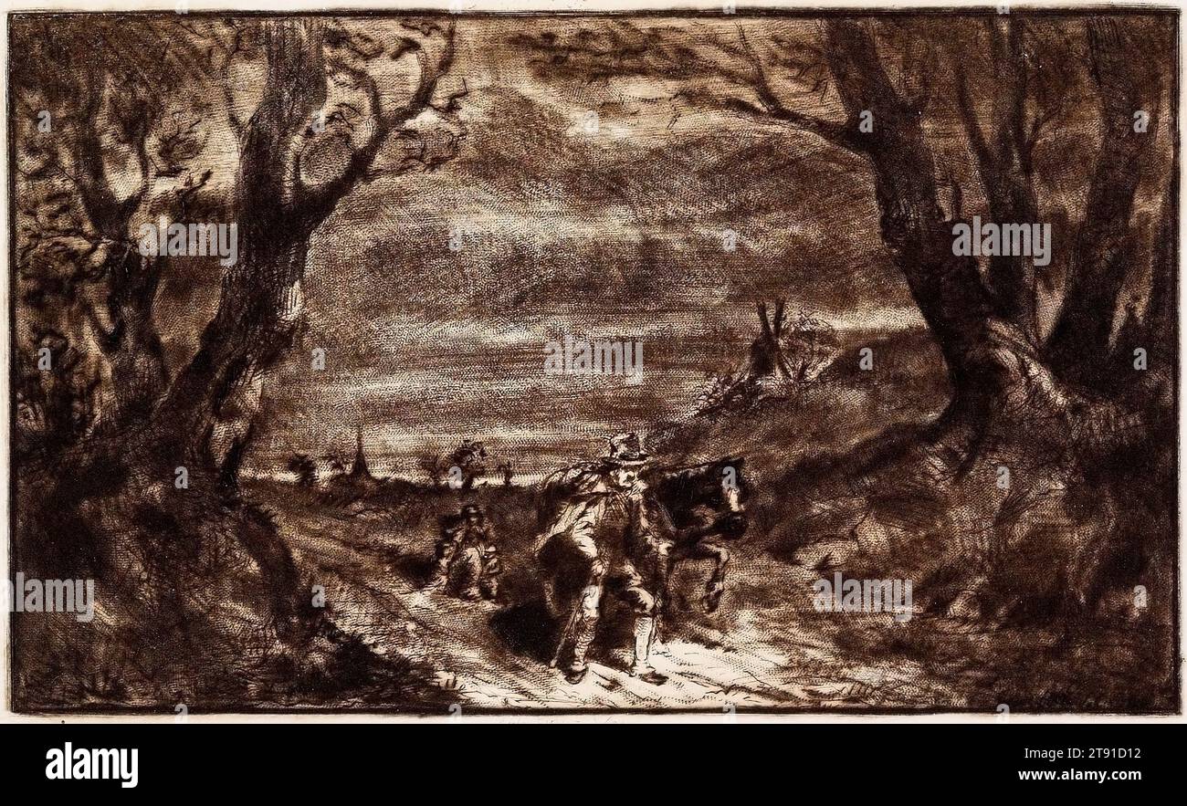 Homme menant un cheval, 19e siècle, Charles-Émile Jacque, français, 1813-1894, 4 11/16 x 7 3/4 po (11,91 x 19,69 cm) (plaque) 9 5/8 x 12 1/2 po (24,45 x 31,75 cm) (feuille), Etching, Drypoint et roullet, France, 19e siècle Banque D'Images