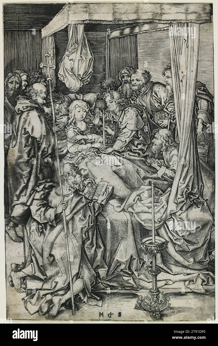 La mort de la Vierge, 1470-1475, Martin Schongauer, allemand, c. 1440/53-1491, 10 1/8 x 6 3/4 po (25,72 x 17,15 cm) (image), gravure, Allemagne, 15e siècle, cette gravure complexe sur l'histoire apocryphe de la mort de la Vierge était peut-être l'estampe la plus célèbre de Schongauer. Les douze Apôtres - Matthias avait été choisi pour remplacer Judas après l'Ascension du Christ - apparurent miraculeusement au chevet de Marie alors qu'elle était morte. Schongauer dépeint puissamment le chagrin intense du moment dans les réponses émotionnelles variées de chaque personnage. Une profusion de détails remplit la scène Banque D'Images