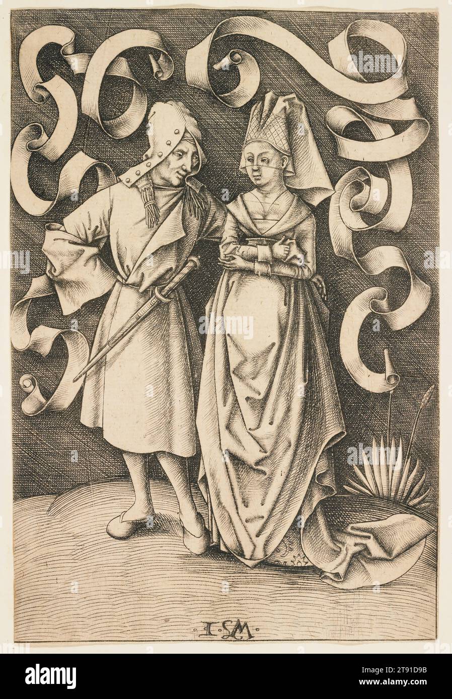 Le couple dissemblable, c. 1495-1497, Israhel van Meckenem, allemand, c. 1445-1503, 6 5/16 x 4 5/16 po (16,03 x 10,95 cm) (image), gravure, Allemagne, 15e-16e siècle, Israhel van Meckenem a gravé une série sur les caprices de l'amour. Ici, une jeune femme croise les bras et brille tandis que son mari lui caresse le bas. La position de son épée suggère son intention, mais elle n’en a rien. Ses vêtements Unis comparés à ses vêtements à la mode pourraient être un signe qu'elle s'est mariée sous sa gare, probablement pour un gain financier. Banque D'Images