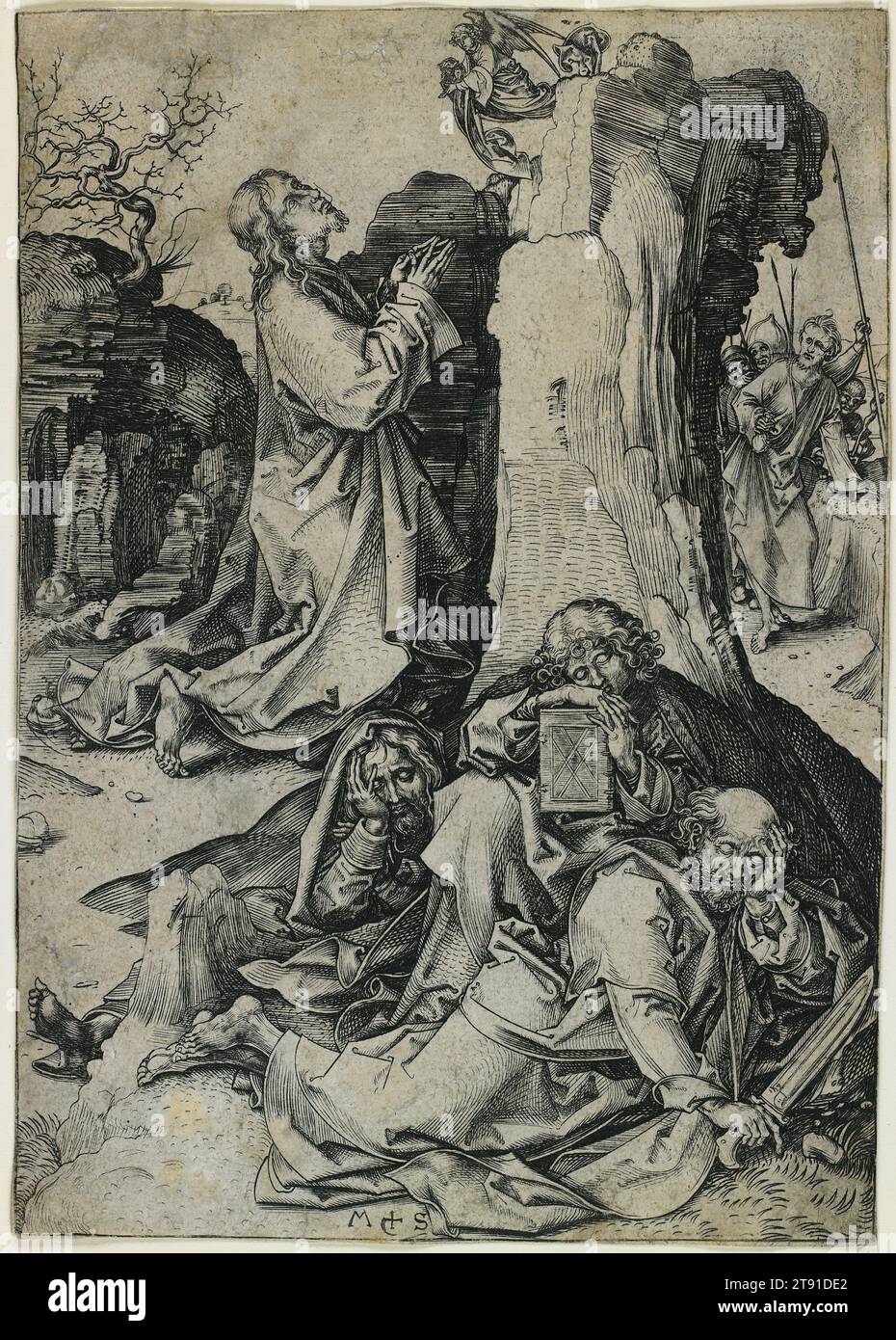 L'agonie dans le jardin, c. 1480, Martin Schongauer, allemand, c. 1440/53–1491, 6 7/16 x 4 9/16 po (16,35 x 11,59 cm) (image), gravure, Allemagne, 15e siècle, après la dernière Cène, le Christ est allé prier sur le mont Olivet, amenant trois compagnons, les Apôtres Pierre, Jean et Jacques, qui s'endormiraient au pied de la colline pendant que le Christ priait. Dans le fond droit de l'impression, Judas apparaît avec la bourse à la main, conduisant les soldats romains à arrêter Christ. À une inspection minutieuse, on pourrait noter quelques glissements du burin dans cette gravure, par exemple, dans la ligne perdue près de la bouche Banque D'Images