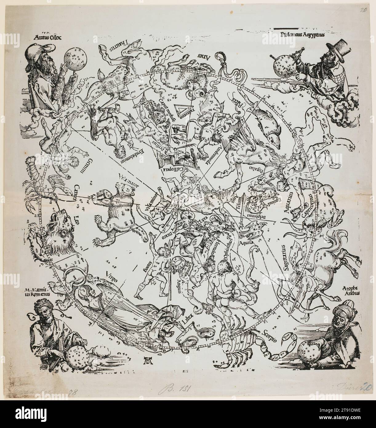 The Northern Hemisphere of the Celestial Globe, 1515 (probablement imprimé au 17e siècle), Albrecht Dürer, allemand, 1471–1528, 19 9/16 x 18 3/8 po. (49,69 x 46,67 cm) (feuille), gravure sur bois, Allemagne, 16e siècle, les célèbres cartes célestes de l'hémisphère nord et sud d'Albrecht Dürer ont été les premières cartes étoilées jamais imprimées. Les 48 constellations classiques - les douze signes du zodiaque, Orion, la Grande Ours, et ainsi de suite - qui composent le noyau de ces cartes ont été soigneusement cataloguées par Ptolémée dans son Almagest. Il y avait un certain nombre de précédents tirés de cartes célestes trouvées en arabe Banque D'Images