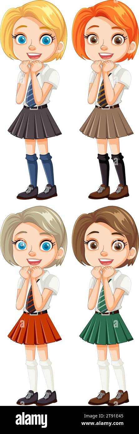 Personnages de dessin animé vectoriel de quatre filles en uniforme scolaire avec diverses coiffures Illustration de Vecteur