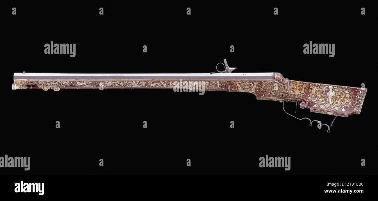 Fusil à verrouillage de roue, c. 1630, M.P., allemand (central ou méridional), allemand (central ou méridional), 8 5/8 x 3 x 39 1/4 po. (21,91 x 7,62 x 99,7 cm) (total), fer, bois de fruit, os, nacre, et cowhorn, Allemagne, 17e siècle Banque D'Images Fusil à verrouillage de roue, c. 1630, M.P., allemand (central ou méridional), allemand (central ou méridional), 8 5/8 x 3 x 39 1/4 po. (21,91 x 7,62 x 99,7 cm) (total), fer, bois de fruit, os, nacre, et cowhorn, Allemagne, 17e siècle Banque D'Images