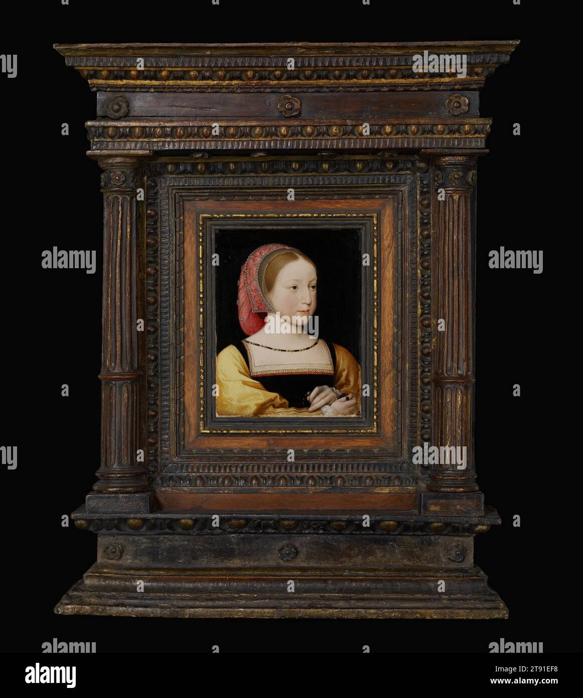 Portrait de Charlotte de France, c. 1522, Jean Clouet le Jeune, Français (Paris), Français (Paris), 1475–1541, 7 x 5 1/4 x 3/16 po. (17,78 x 13,34 x 0,4 cm) (panneau), huile sur panneau bercé, France, 16e siècle, la princesse Charlotte était la fille du roi François Ier de France, dont la cour était un centre international des arts Ses vêtements riches et sa casquette ornée de bijoux montrent son statut élevé. Son rosaire indique qu'elle était une fervente catholique. Elle avait environ sept ans au moment de ce portrait, et elle est morte à l'âge de huit ans. Les familles royales européennes commandent des portraits de leurs enfants Banque D'Images