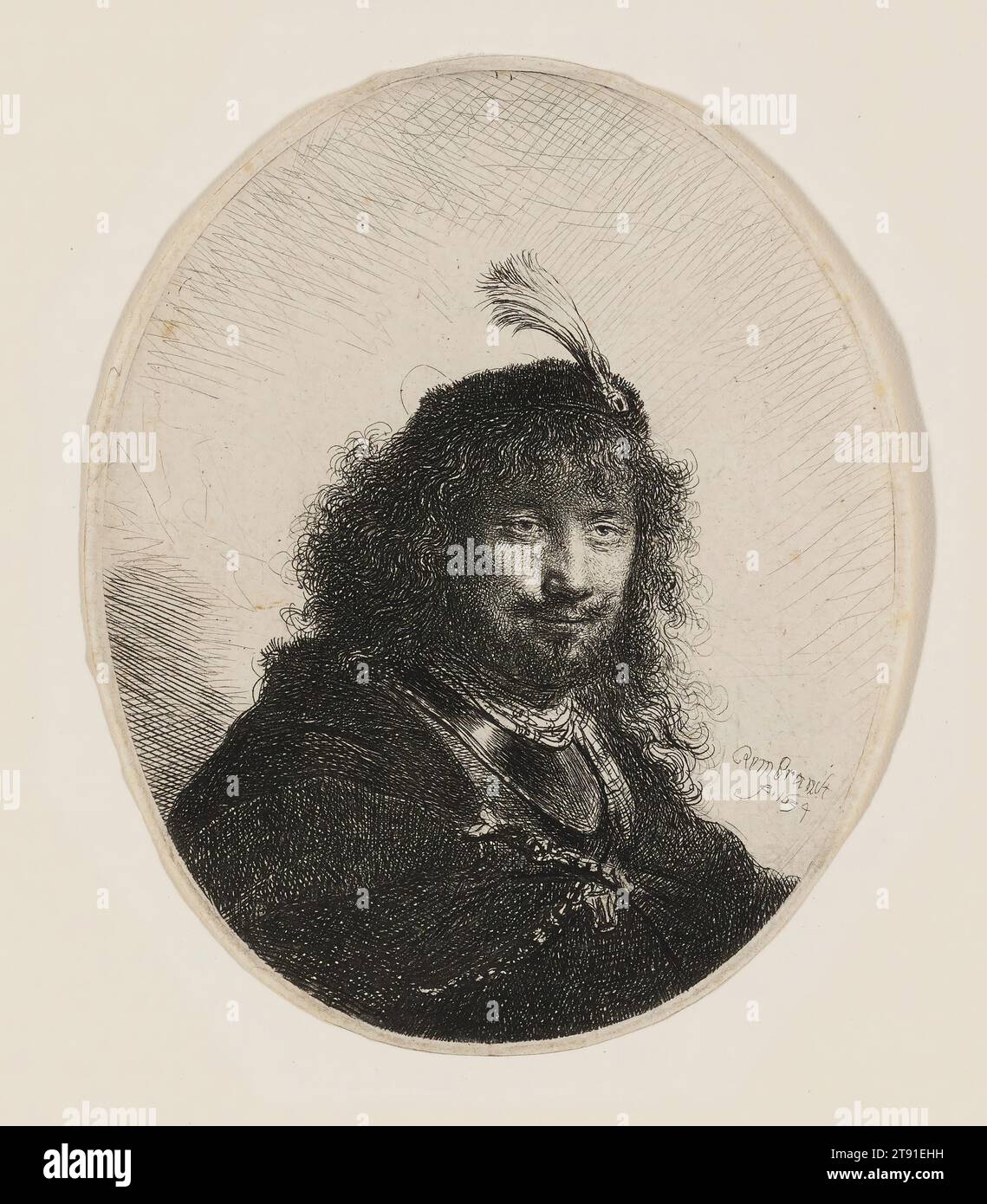 Rembrandt avec chapeau plumé et Sabre abaissé, 1634, Rembrandt Harmensz. Van Rijn, néerlandais, 1606–1669, 5 1/8 x 4 1/4 po. (13 x 10,8 cm) (plaque, ovale), gravure et gravure, pays-Bas, 17e siècle, plusieurs choses auraient pu inspirer le vaste programme d'autoportrait de Rembrandt. Il y avait l'envie d'auto-promotion, la nécessité de satisfaire les collectionneurs qui voulaient des images de l'artiste célèbre, et l'intérêt pour la découverte de soi-l'idée néerlandaise du XVIIe siècle que l'on pouvait façonner son caractère en essayant différents «moi». Banque D'Images