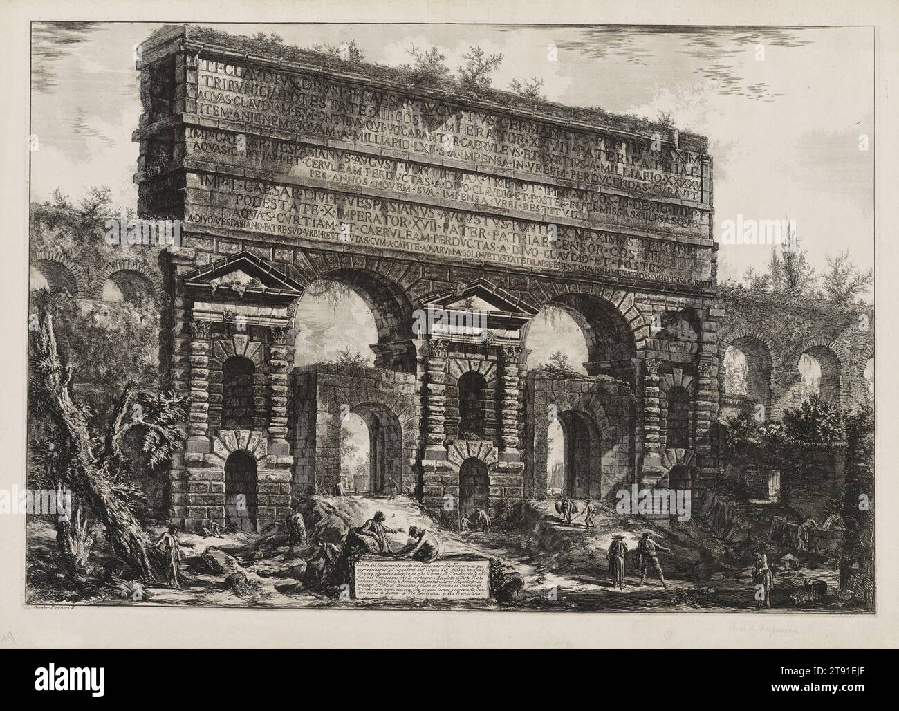 Arc de Vespasien, 1775, Giovanni Battista Piranesi, Italien (Rome), Italien, 1720 à 1778, 19 1/4 x 27 7/8 po (48,9 x 70,8 cm) (plaque) 21 3/8 x 30 1/4 po (54,29 x 76,84 cm) (feuille), gravure et gravure, Italie, 18e siècle, même les anciens recyclaient leur architecture. La Porta Maggiore a été construite à l'origine comme un segment décoré de deux aqueducs (structures pour canaliser l'eau) construits en 52 EC. Les aqueducs apportaient aux Romains de l'eau douce de sources éloignées de plusieurs kilomètres. La perte de segments adjacents de maçonnerie a révélé deux ouvertures sur le côté gauche de la section supérieure, montrant où l'eau Banque D'Images