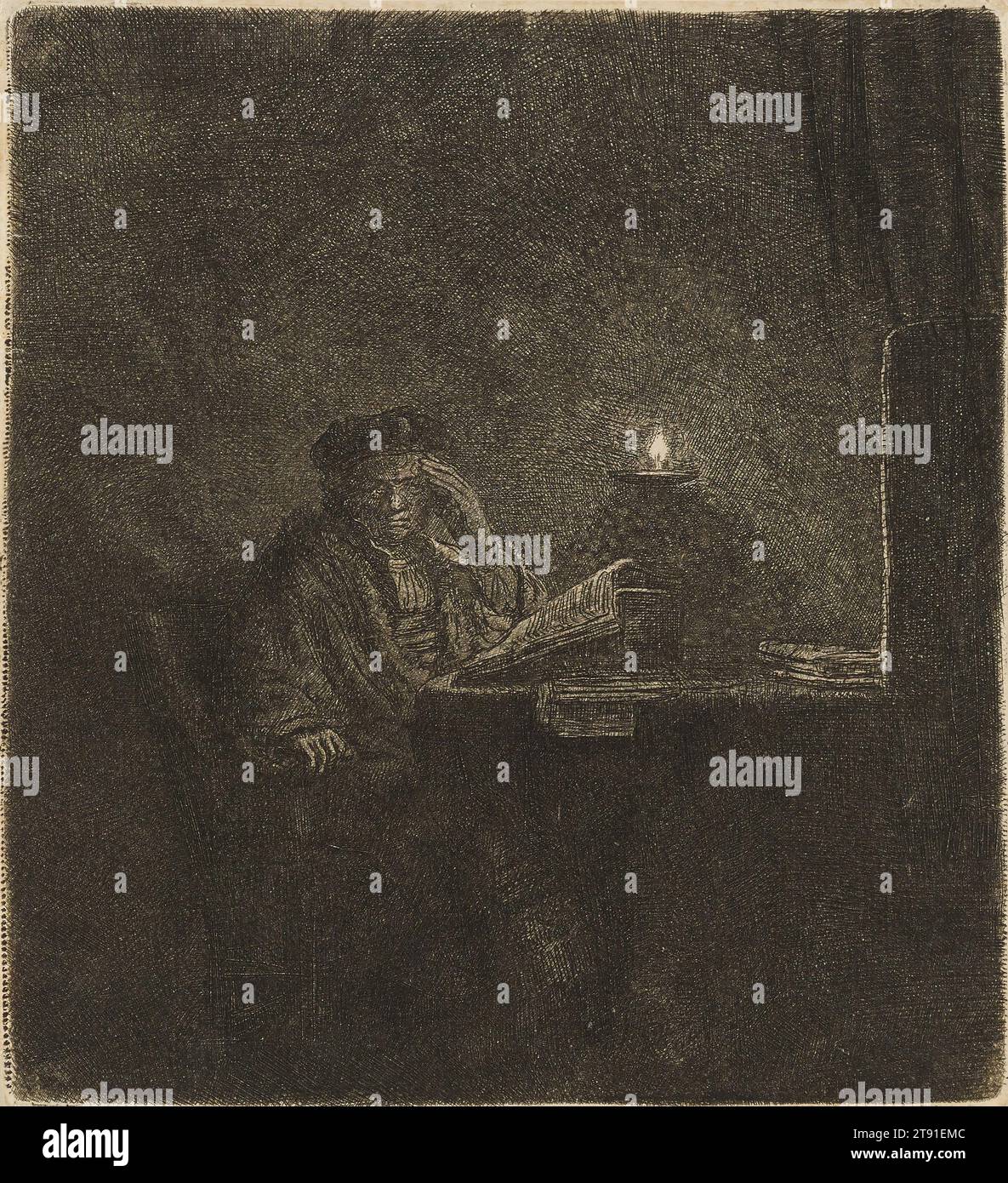 Étudiant à une table de Candlelight, 1642, Rembrandt Harmensz. Van Rijn, néerlandais, 1606–1669, 5 3/4 x 5 3/16 po. (14,6 x 13,2 cm) (plaque), gravure et gravure, pays-Bas, 17e siècle Banque D'Images