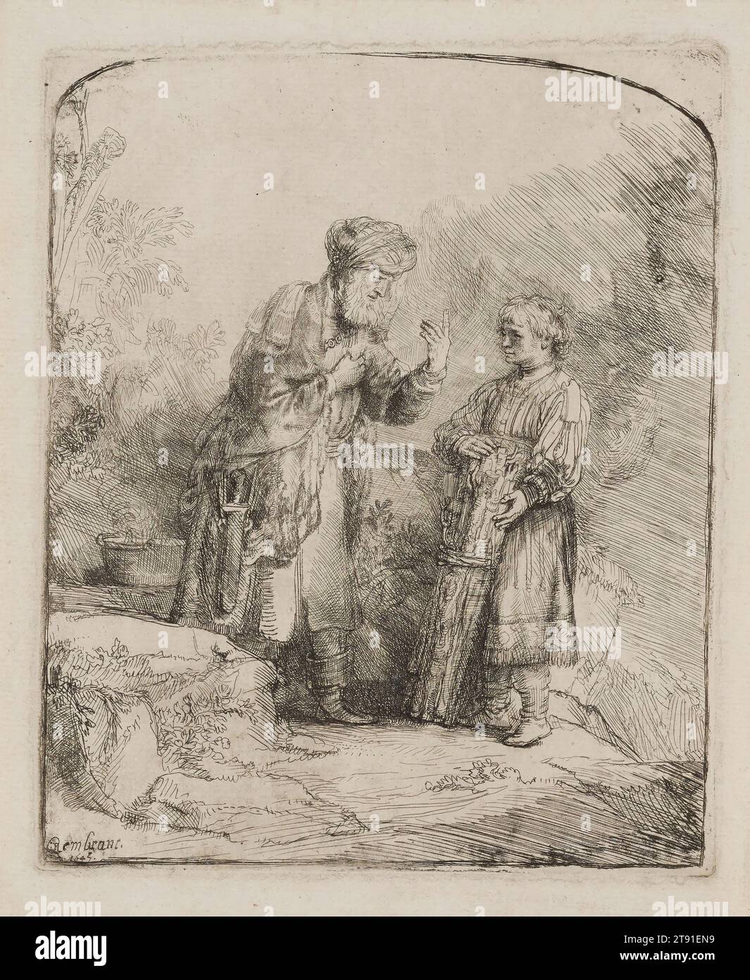 Abraham et Isaac, 1645, Rembrandt Harmensz. Van Rijn, néerlandais, 1606–1669, 6 3/16 x 5 1/8 po. (15,7 x 13 cm) (assiette), gravure, pays-Bas, 17e siècle, Isaac était l'héritier miraculeux que Dieu avait promis à Abraham. Et maintenant Dieu lui disait d'offrir son fils précieux pour le massacre (Genèse 22:1-18). Dans cet échange intime, le garçon écoute avec équanimité et foi inébranlable pendant qu’Abraham explique pourquoi il n’y a pas d’animal sacrificiel. Le spectateur participe à la prise de conscience d'Isaac que les bâtons qu'il vient de porter, comme la croix portée plus tard au Calvaire, apporteront son destin. Banque D'Images