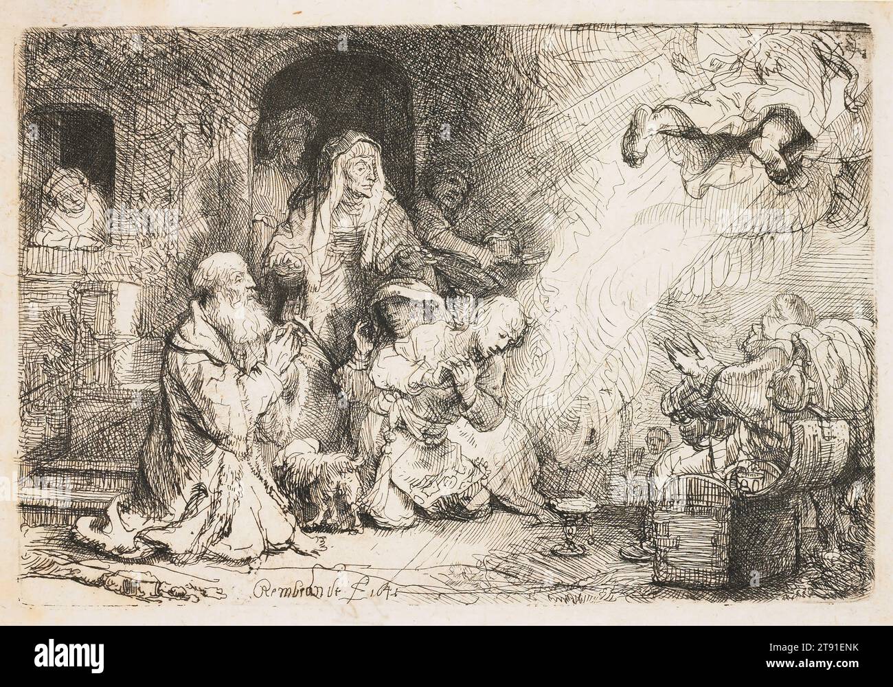 L'Ange partant de la famille de Tobias, 1641, Rembrandt Harmensz. Van Rijn, néerlandais, 1606–1669, 4 1/16 x 6 1/16 po. (10,3 x 15,4 cm) (assiette), gravure avec des touches de pointe sèche, pays-Bas, 17e siècle, avec Tobias en sécurité à la maison, la dette récupérée, et la vue de Tobit restaurée, la mission de Raphaël est terminée. Il révèle enfin son identité alors qu'il part dans une vague librement esquissée de nuages et de draperies. Doué de perception spirituelle, seul Tobit – et sa femme, Anna – sont témoins de son départ, qui étonne tellement Anna qu’elle laisse tomber sa canne. Dans la Bible, juste père et fils sont présents Banque D'Images