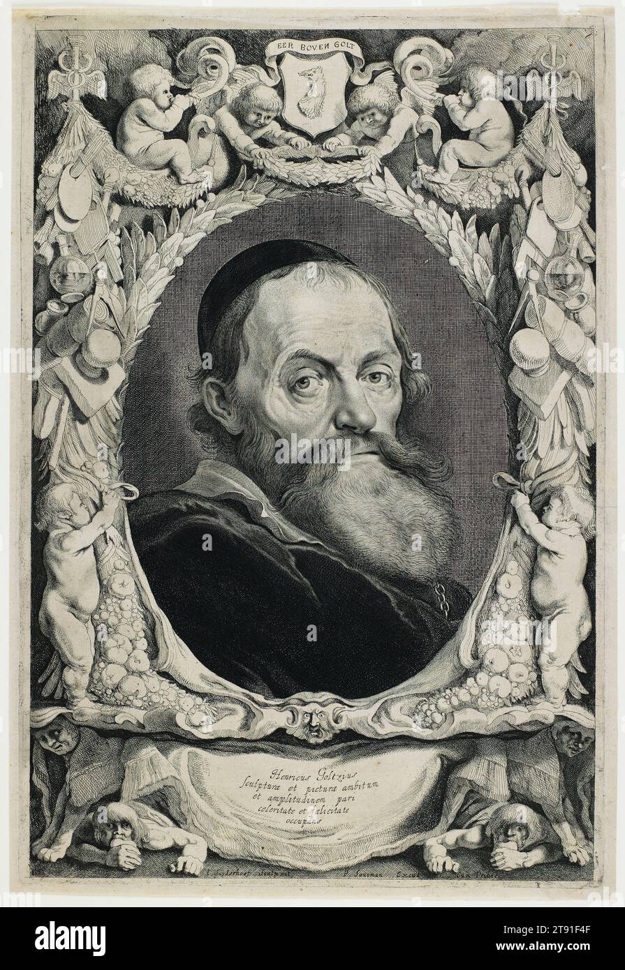 Hendrik Goltzius, après 1617, Jonas Suyderhoef, Néerlandais, vers 1613 - 1686, 16 1/8 x 19 7/8 po. (40,96 x 50,48 cm) (image), gravure, pays-Bas, 17e siècle, autour de cette ressemblance de Hendrick Goltzius (1558-1617) sont des emblèmes de la vie du grand artiste. Les bouteilles se réfèrent à ses expériences avec l'alchimie ; la boussole et le carré de dessin signifient sa dévotion au disegno, l'art du design. Au sommet se trouvent les emblèmes personnels de Goltzius, y compris un caducée ailée et une tête de phénix avec sa devise, Eer boven Golt (honneur au-dessus de l'or). Banque D'Images