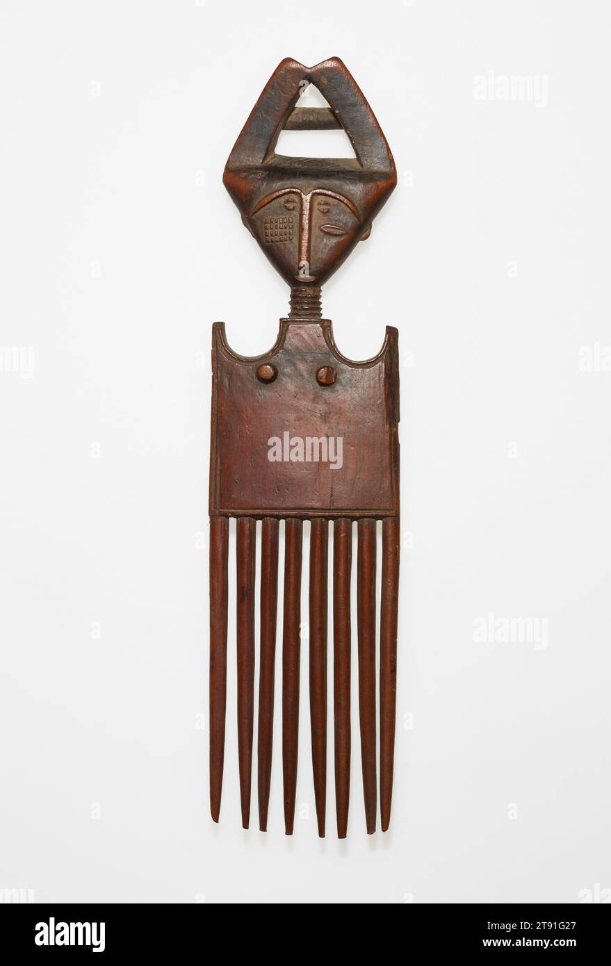 Peigne, 20e siècle, 8 9/16 x 2 3/16 x 3/4 po. (21,75 x 5,56 x 1,91 cm), Bois, Ghana, 20e siècle, les coiffures ont longtemps reflété l'esthétique personnelle dans les cultures africaines et afro-américaines. Et lorsqu’ils sont ornés d’extensions, de perles, d’épingles ou de peignes, ils peuvent indiquer le statut d’une personne, son origine ethnique, son sexe, sa profession ou même la phase de sa vie. Ces trois peignes, originaires d’Afrique de l’Ouest et du Centre, montrent comment les artistes africains transforment même les objets du quotidien en sculptures accomplies Banque D'Images